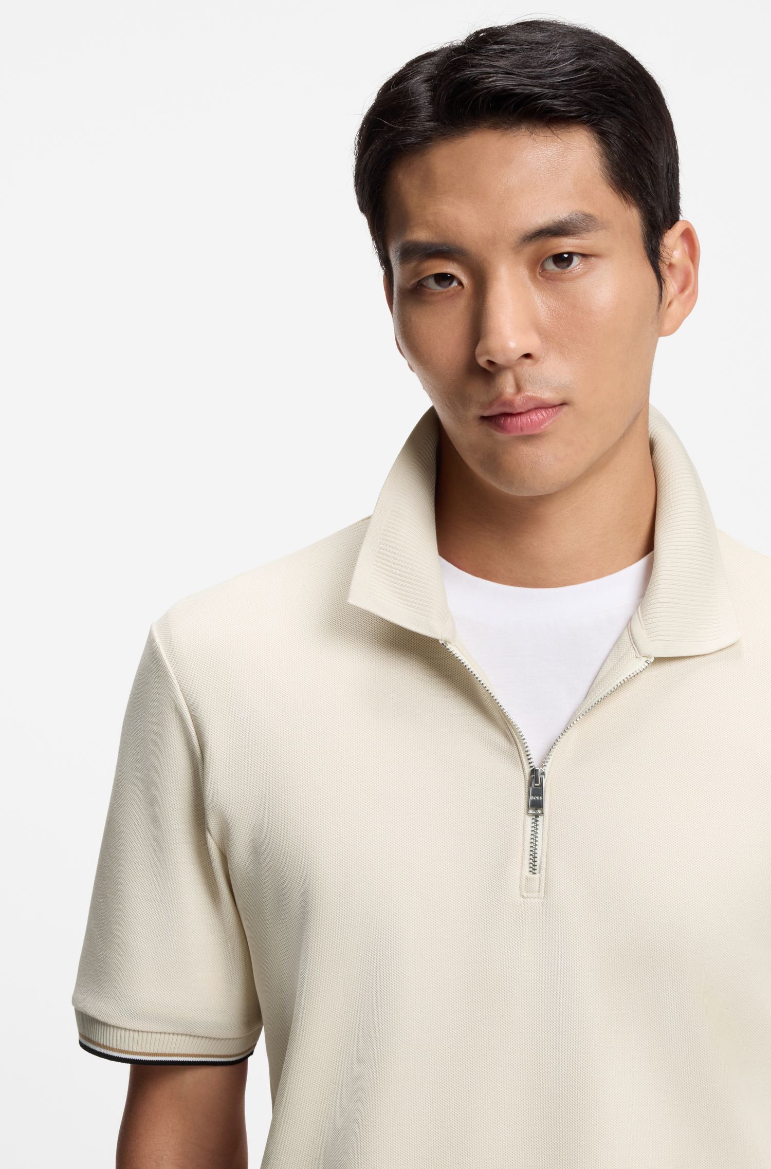 BOSS - Áo polo vải cotton piqué cổ có khóa kéo