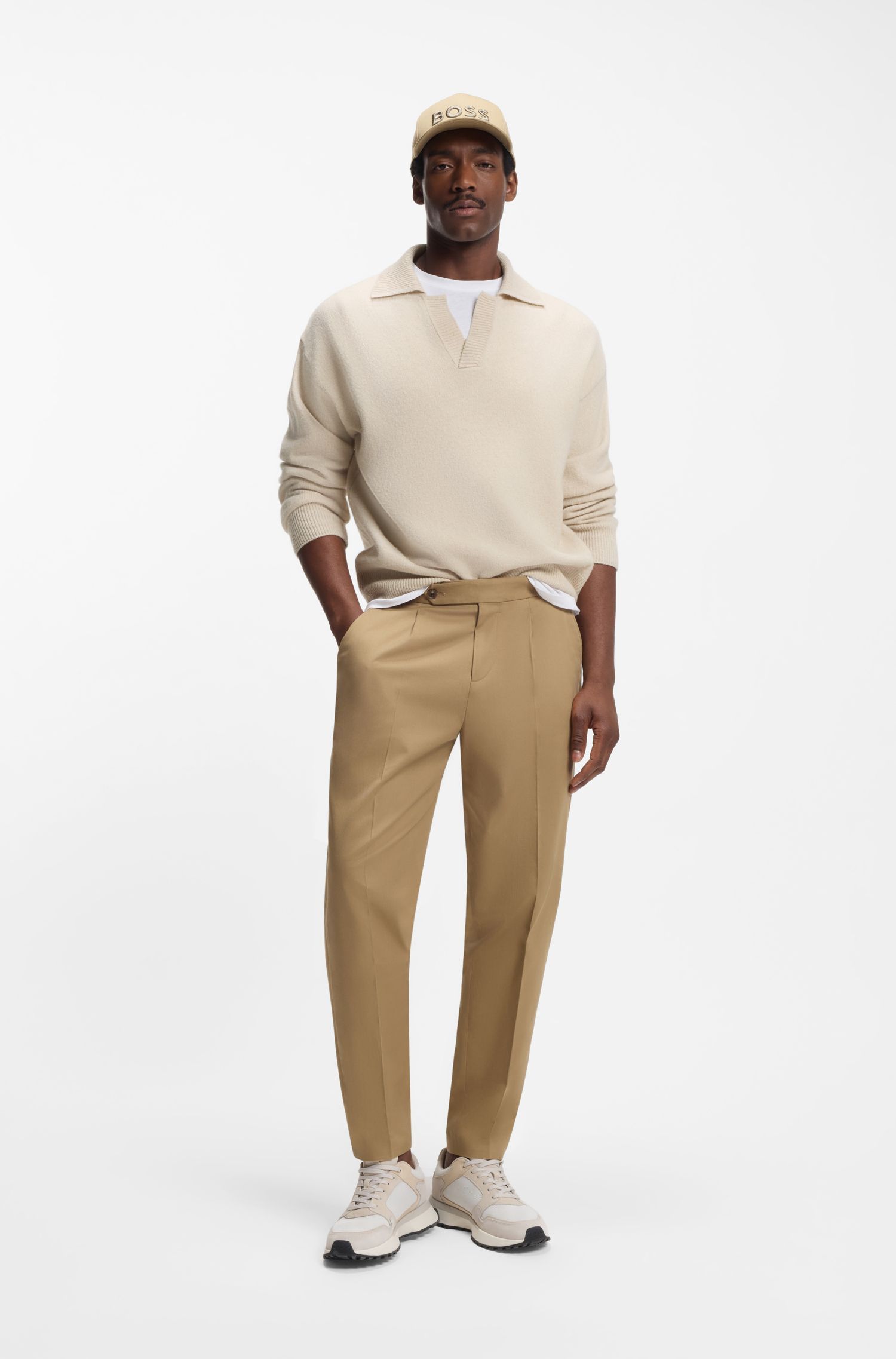 BOSS - Áo sweater cổ polo không nút từ len nguyên chất