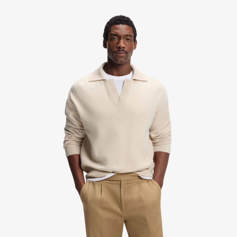 BOSS - Áo sweater cổ polo không nút từ len nguyên chất