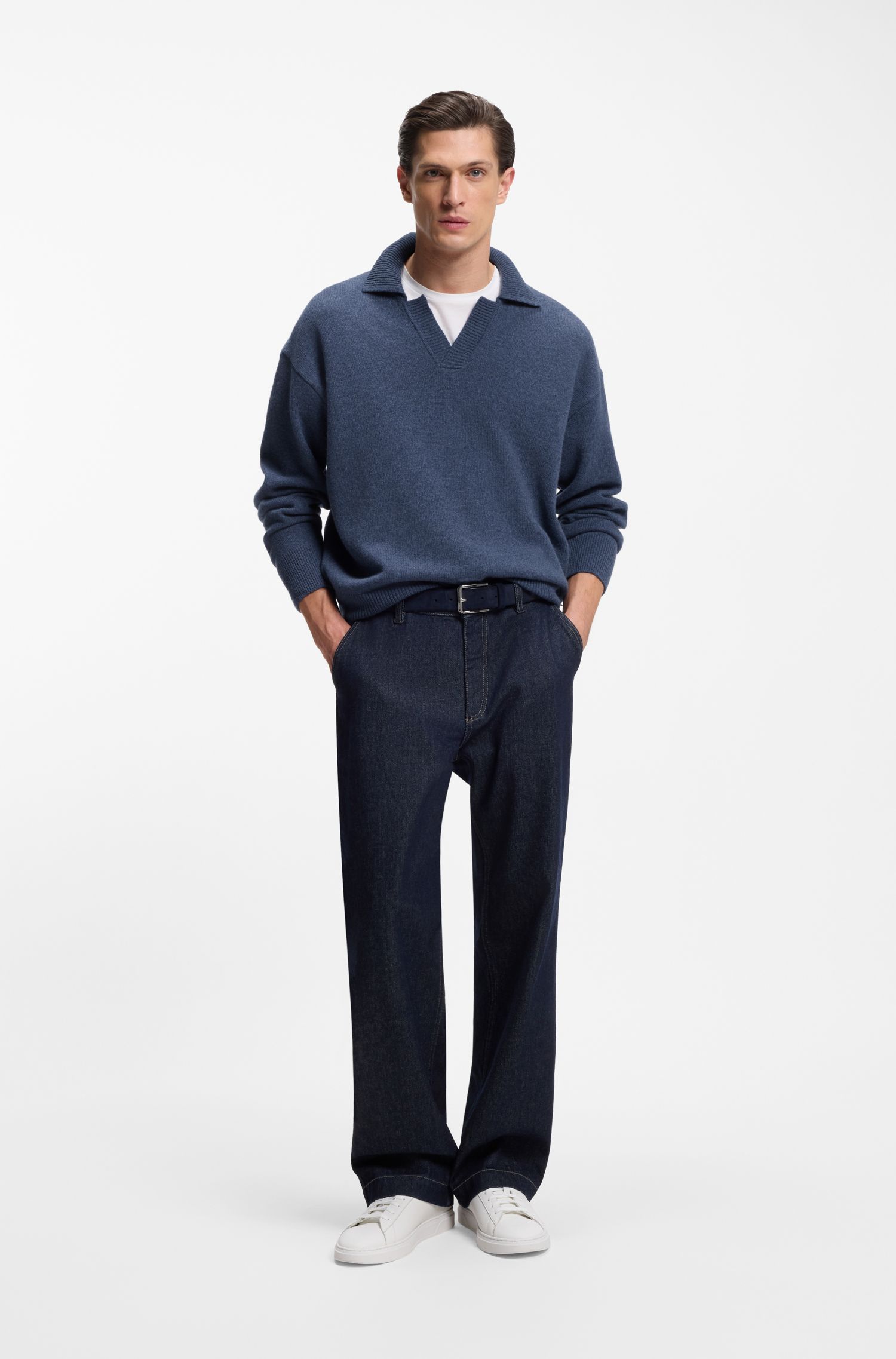 BOSS - Áo sweater cổ polo không nút từ len nguyên chất