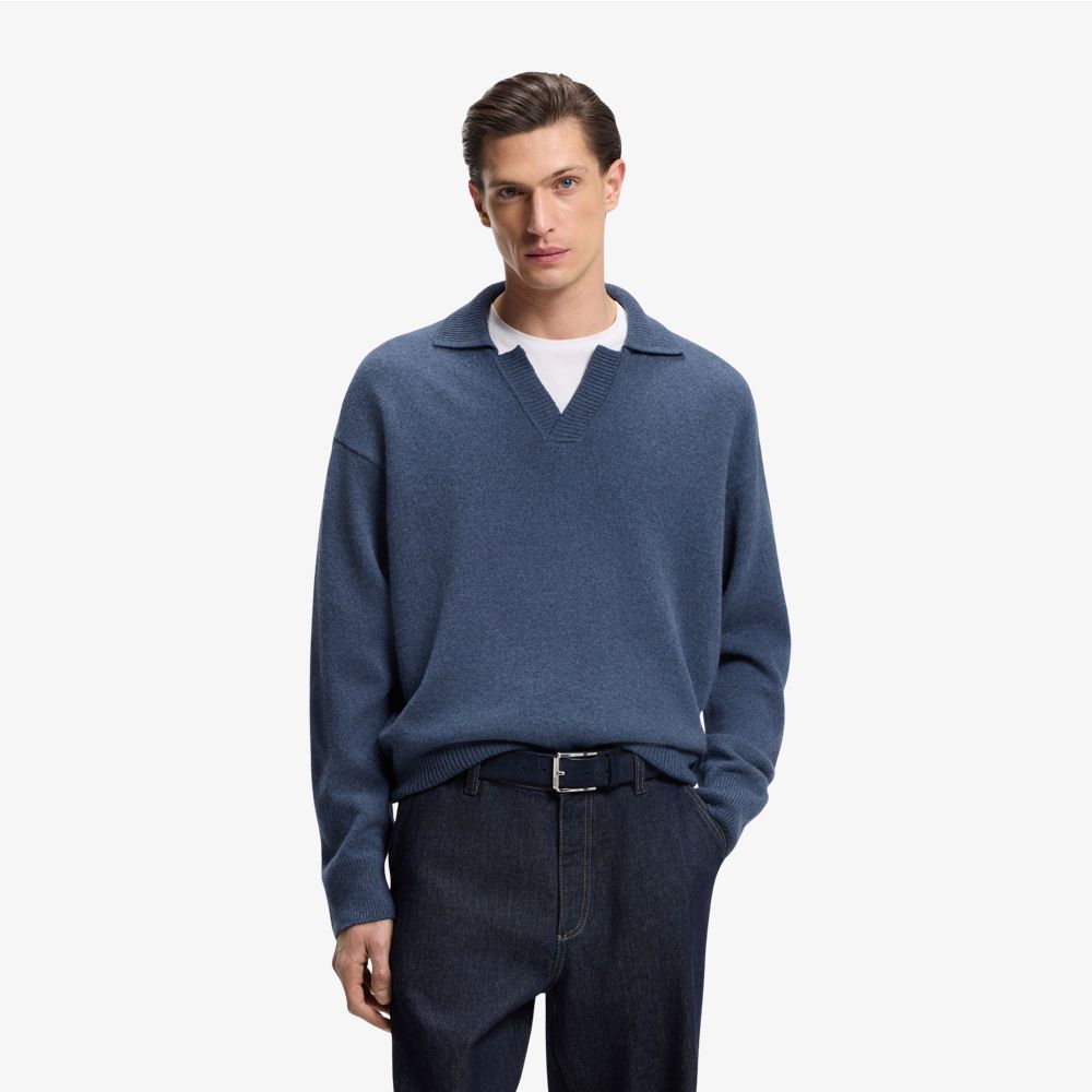 BOSS - Áo sweater cổ polo không nút từ len nguyên chất