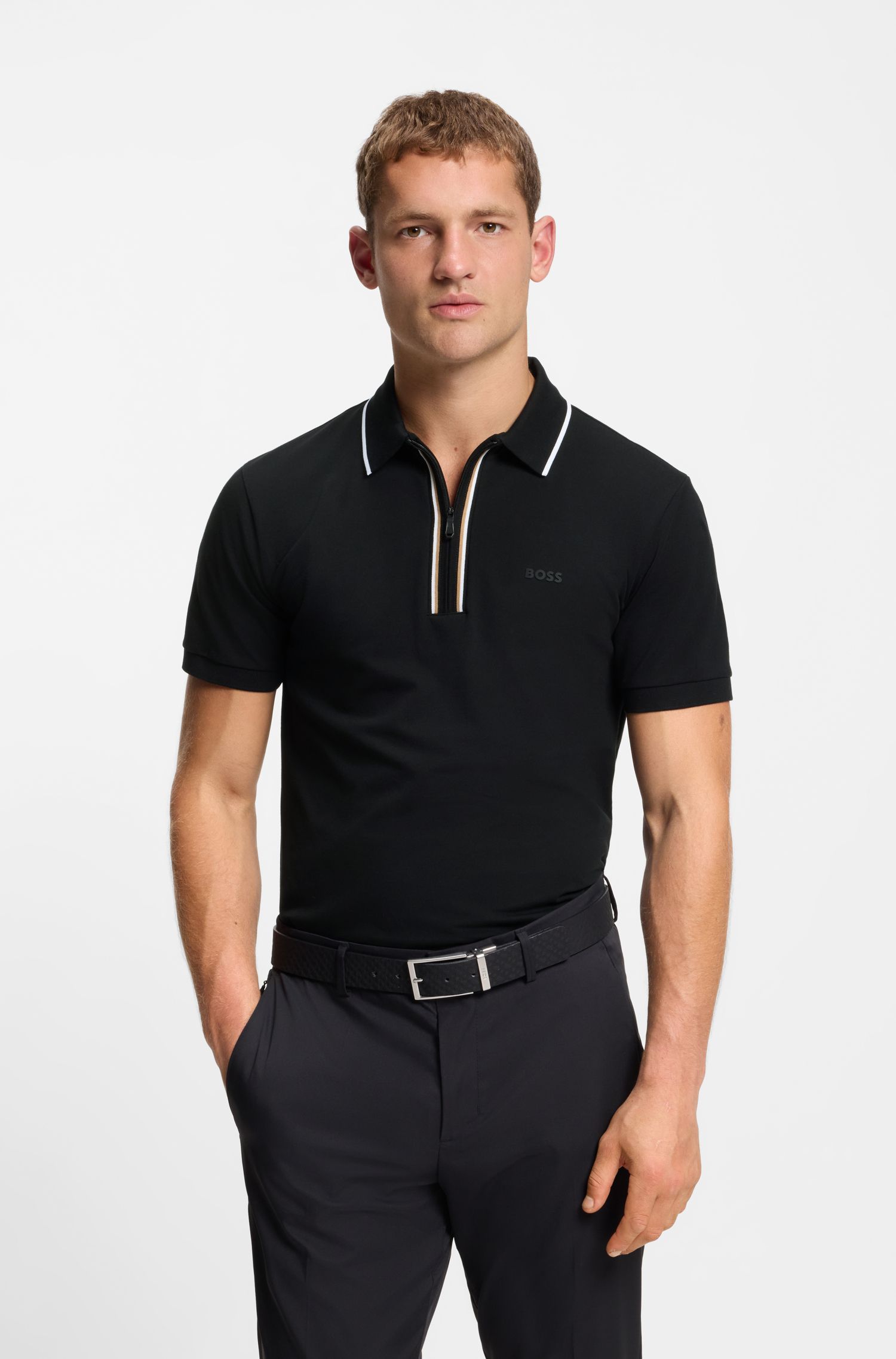 BOSS - Áo polo Slim-fit cotton co giãn thấm hút mồ hôi