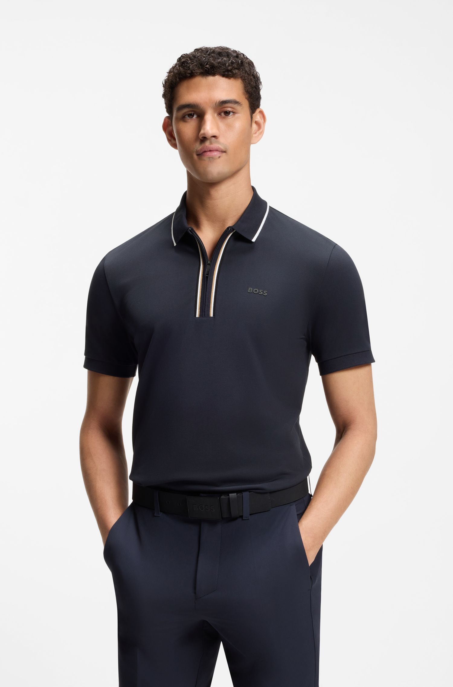 BOSS - Áo polo Slim-fit cotton co giãn thấm hút mồ hôi