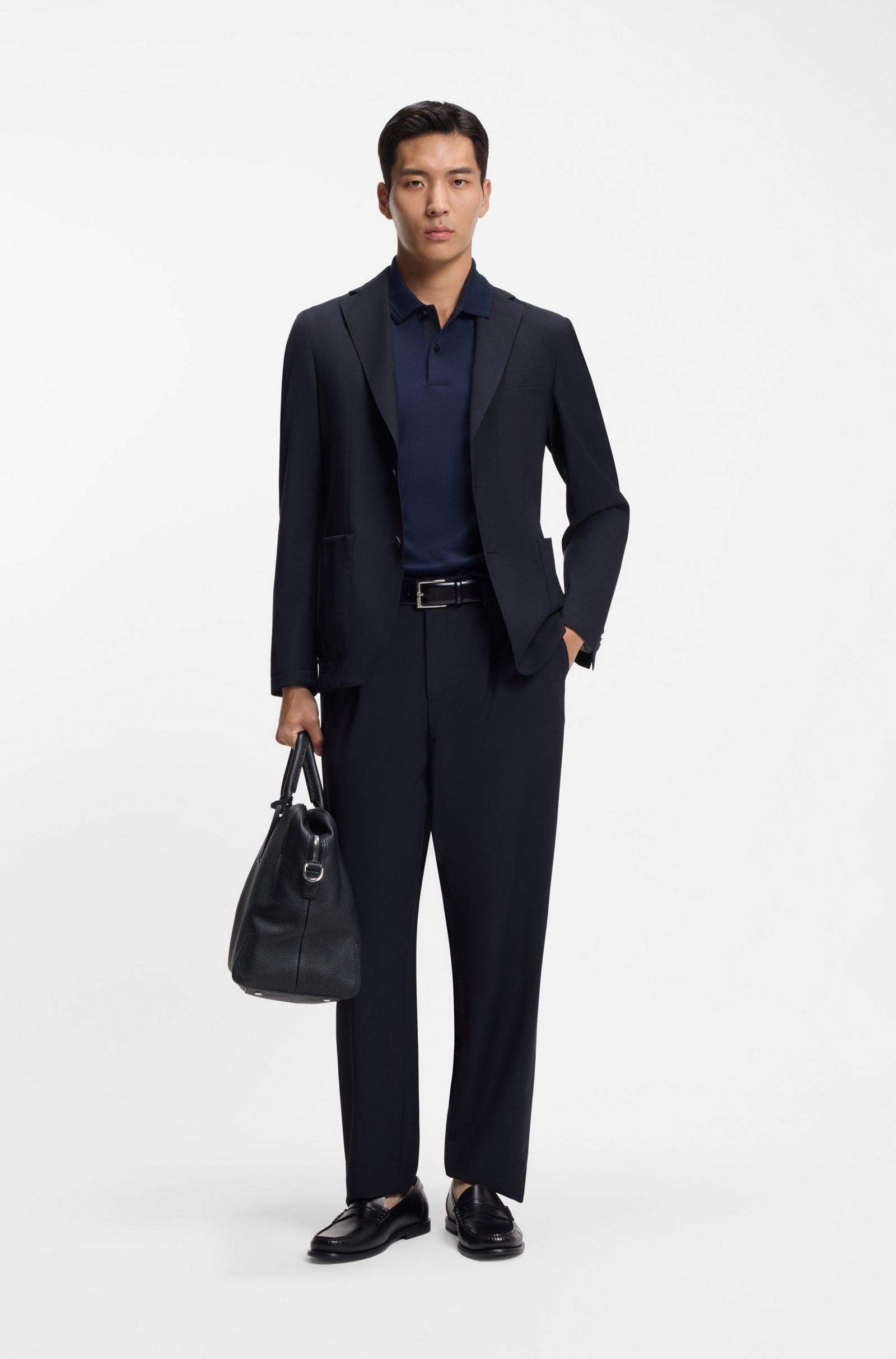 BOSS - Áo blazer dáng slim-fit vải len pha có thể giặt