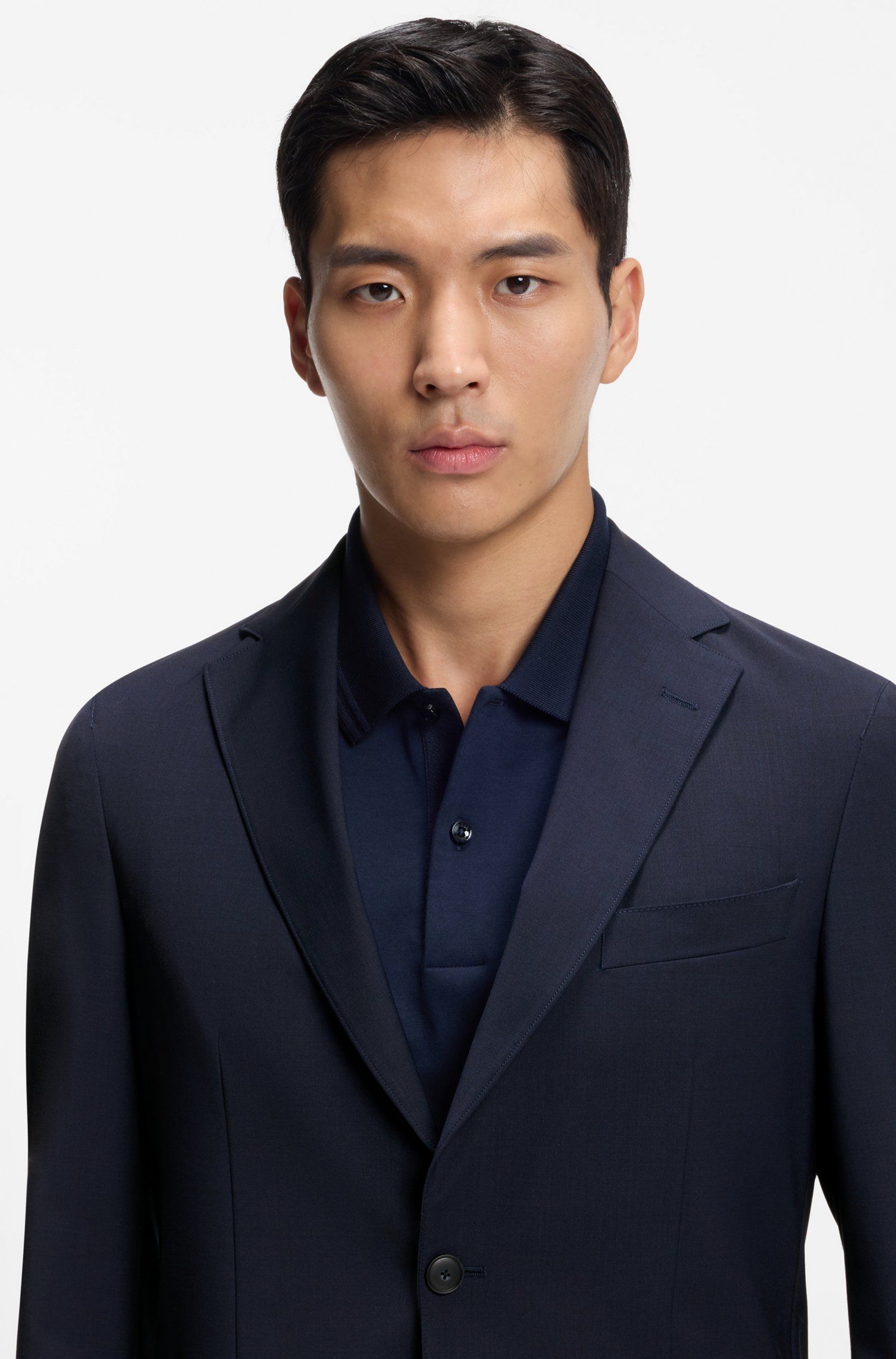 BOSS - Áo blazer dáng slim-fit vải len pha có thể giặt