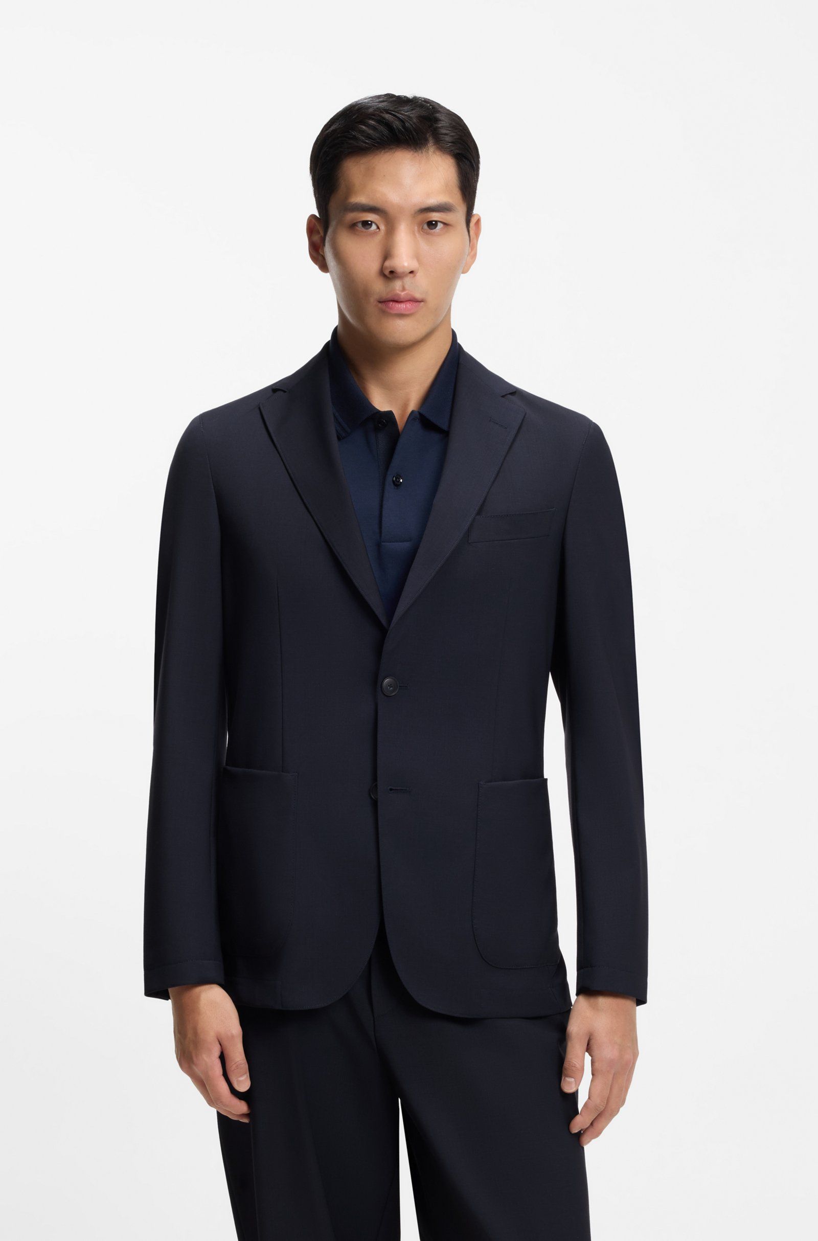 BOSS - Áo blazer dáng slim-fit vải len pha có thể giặt