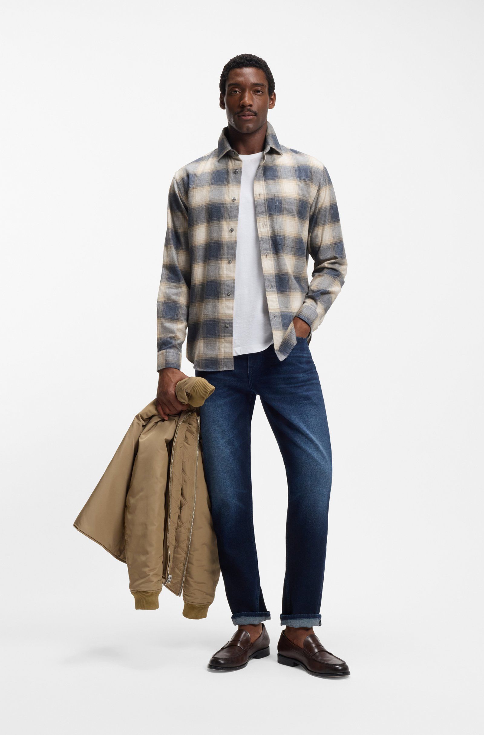 BOSS - Áo sơ mi flannel cotton kẻ caro