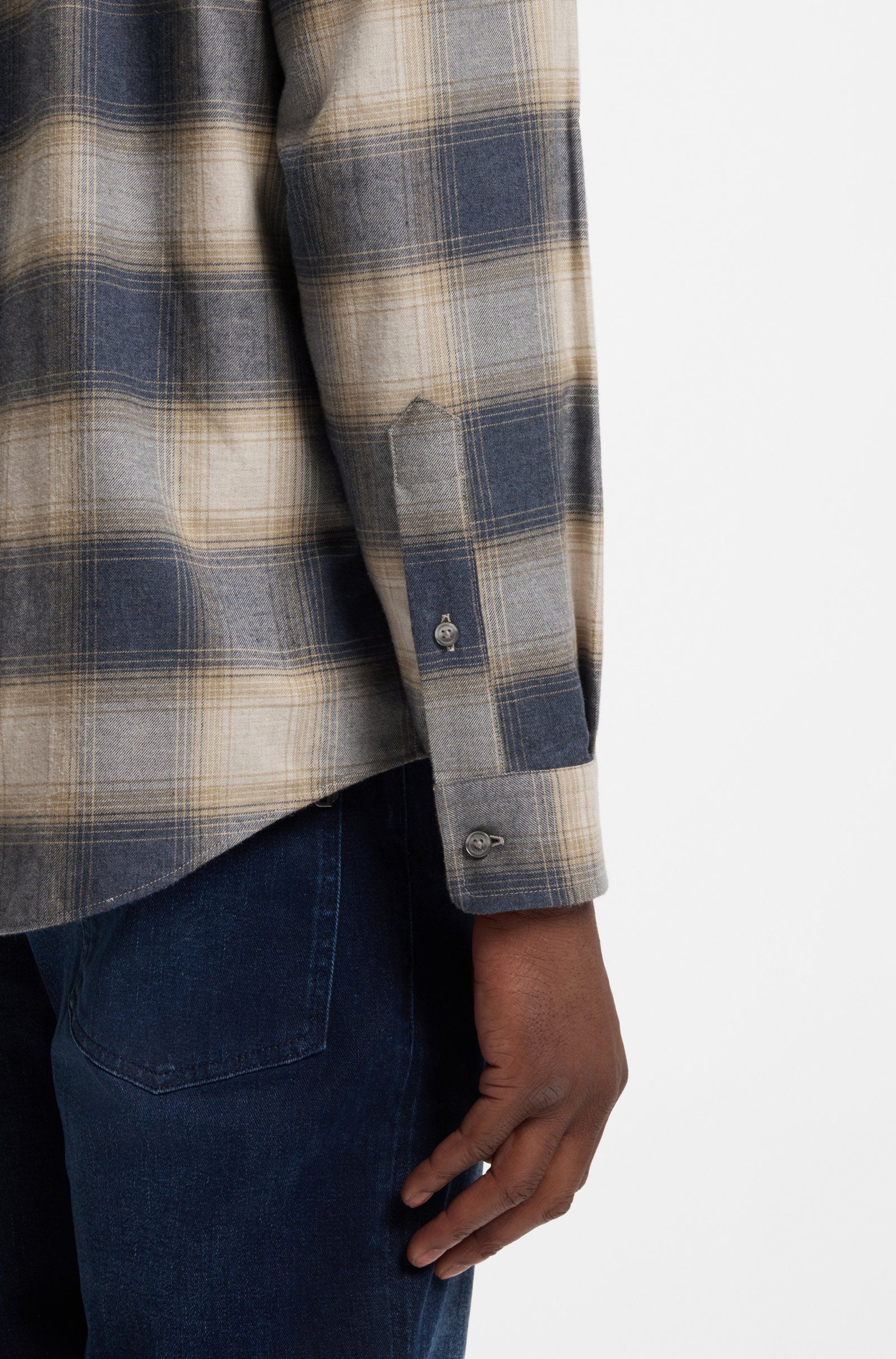 BOSS - Áo sơ mi flannel cotton kẻ caro