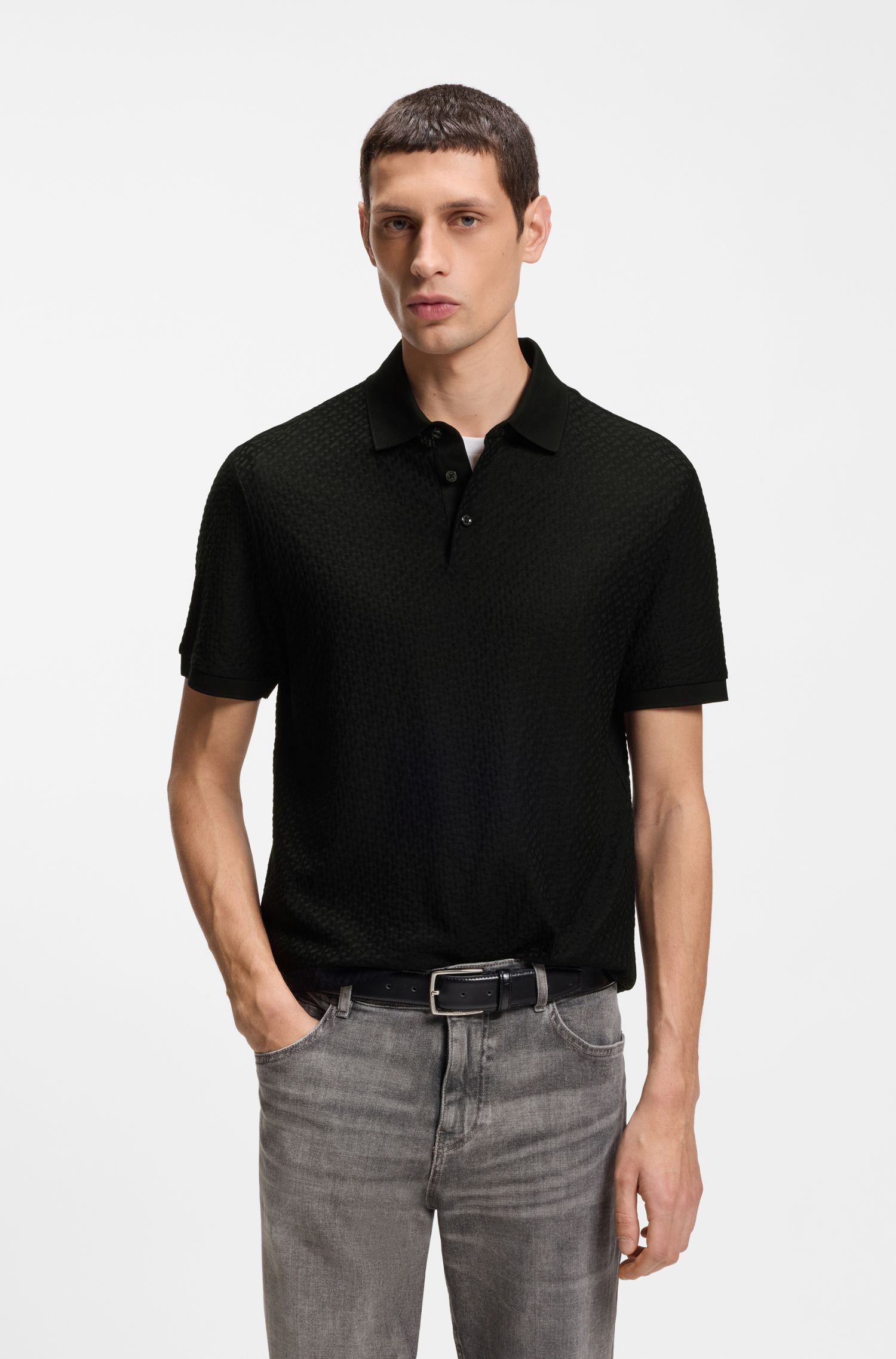 Áo polo cotton in họa tiết monogram jacquard