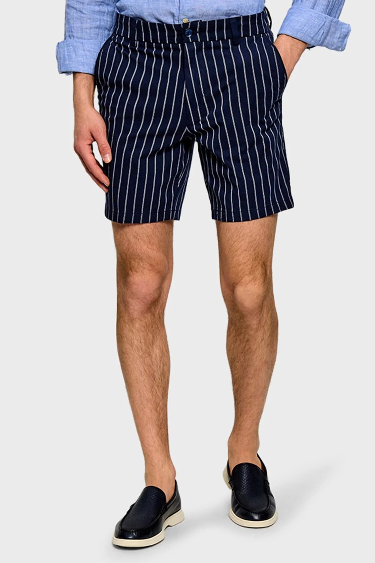 BOSS - Quần short cotton co giãn kẻ sọc
