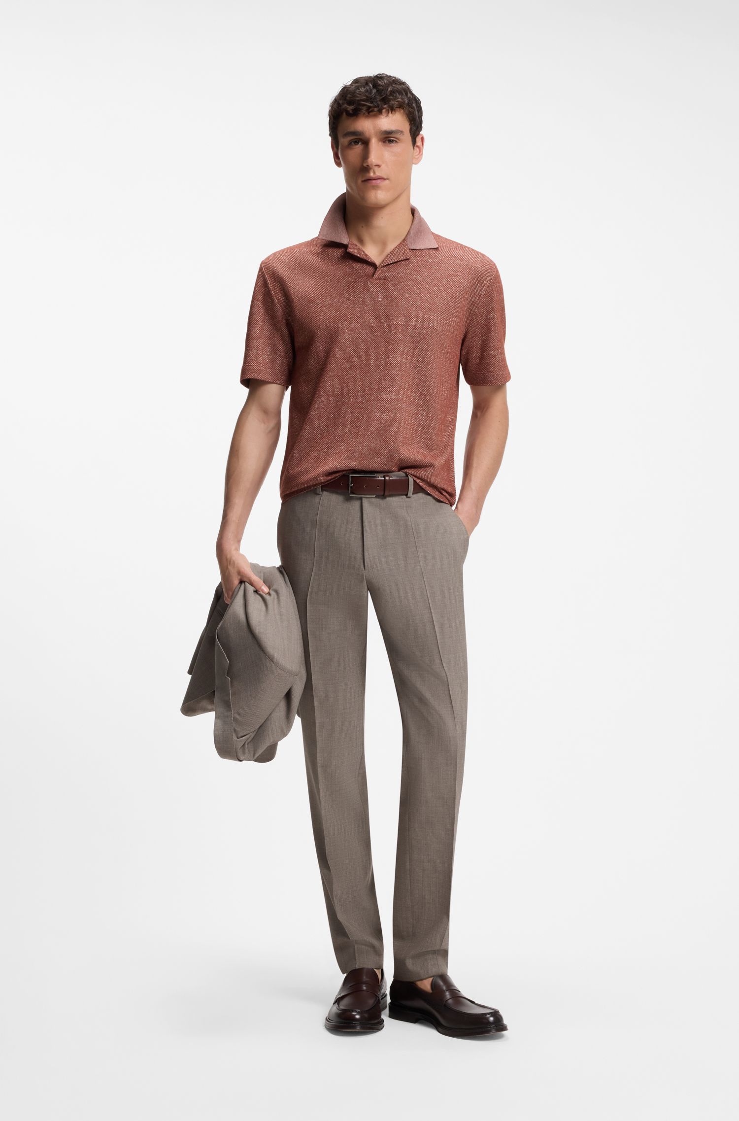 BOSS - Áo polo cổ bẻ làm từ chất liệu cotton, lanh và lụa