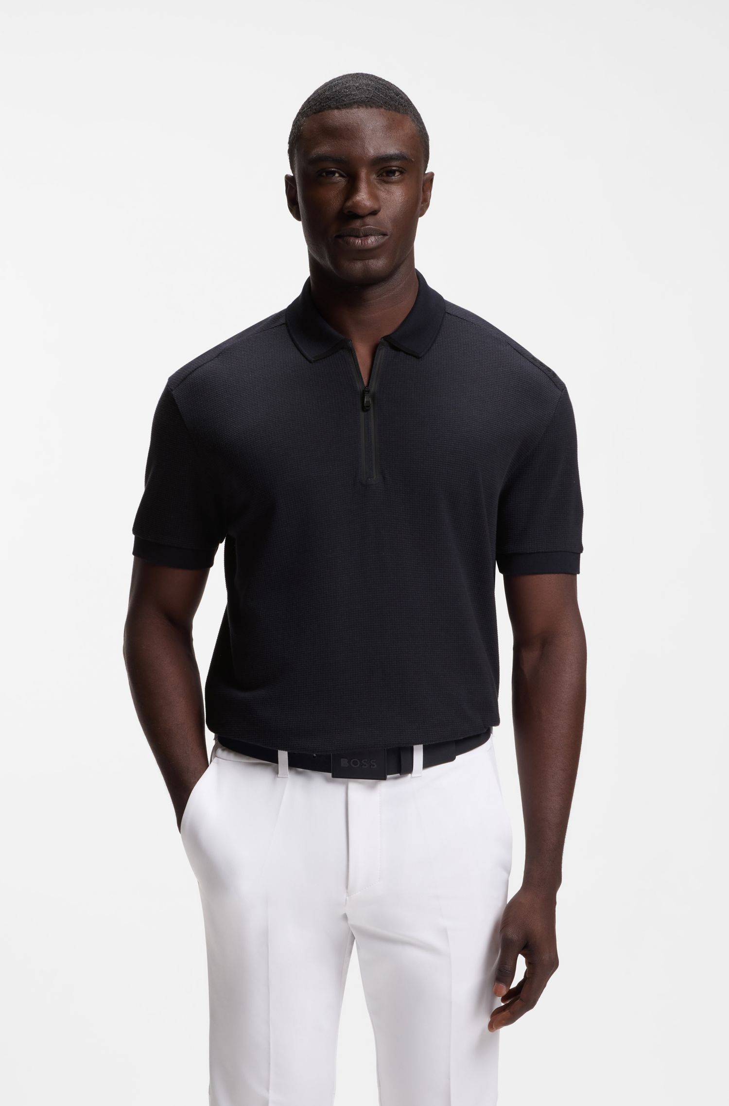 Áo polo cổ khóa kéo, jacquard họa tiết hình vuông