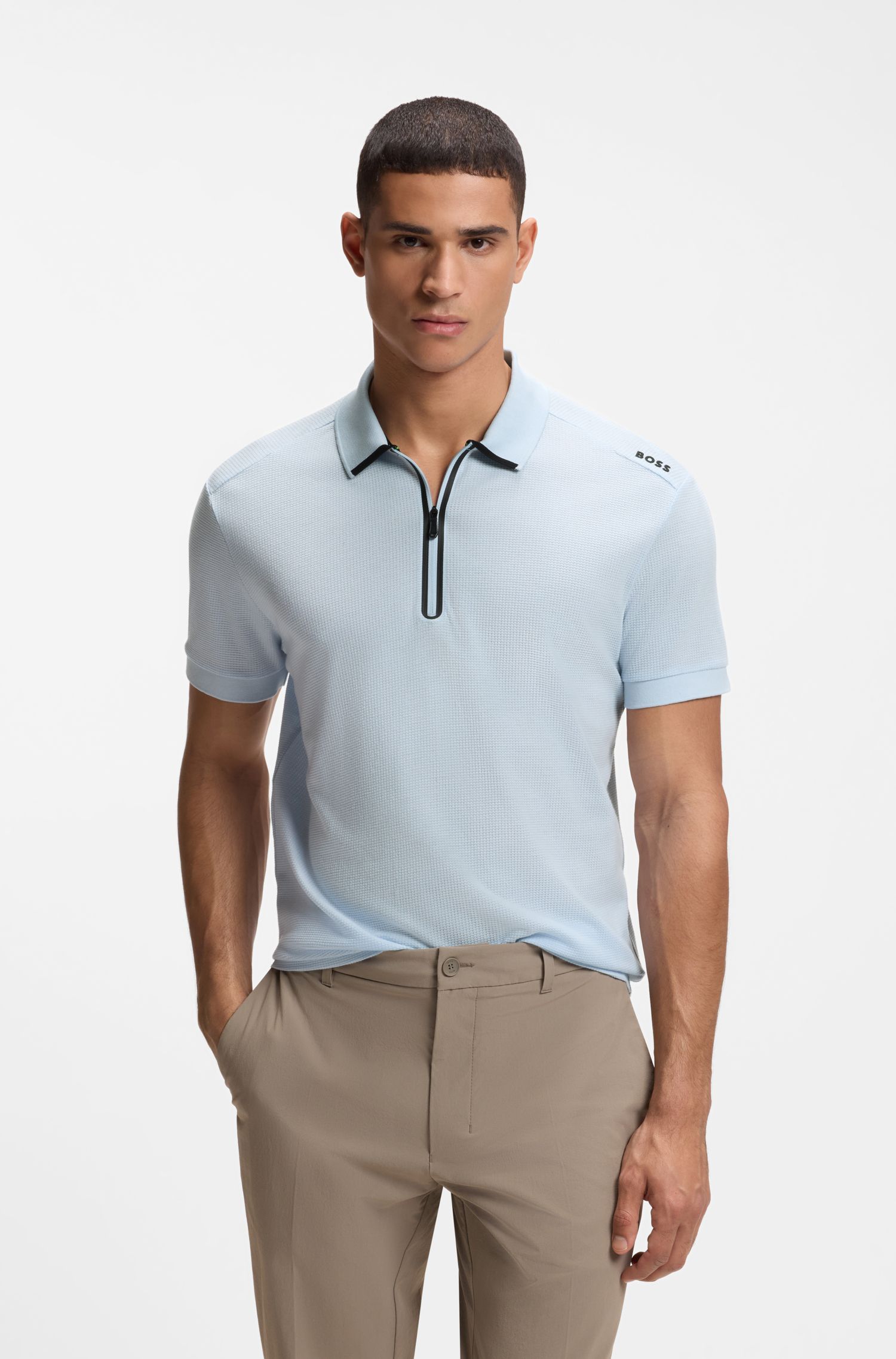 Áo polo cổ khóa kéo, jacquard họa tiết hình vuông