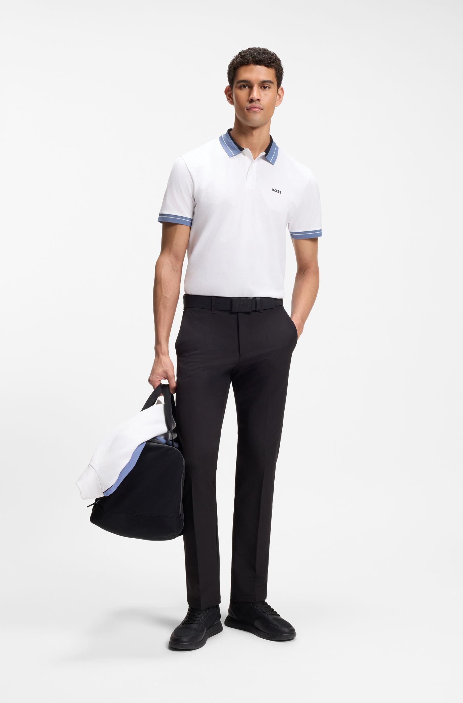 BOSS - Áo polo viền sọc bằng vải cotton co giãn
