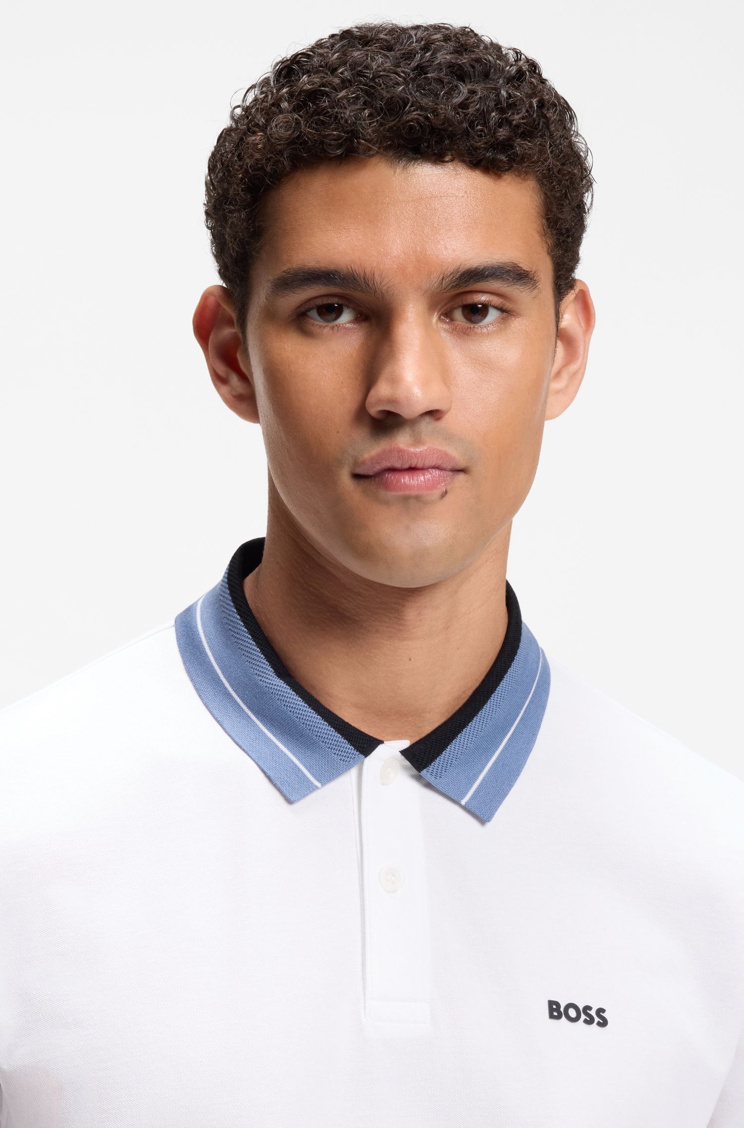 BOSS - Áo polo viền sọc bằng vải cotton co giãn
