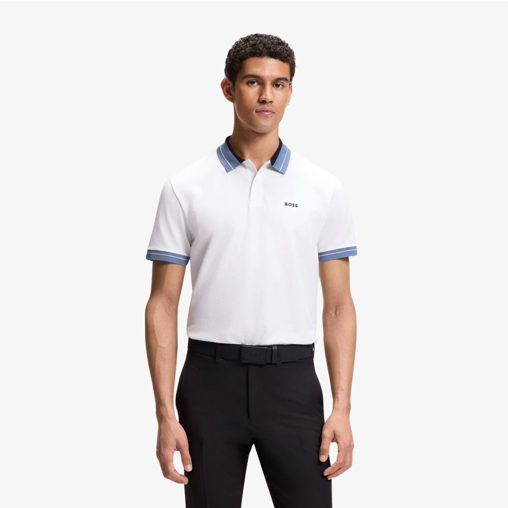 BOSS - Áo polo viền sọc bằng vải cotton co giãn