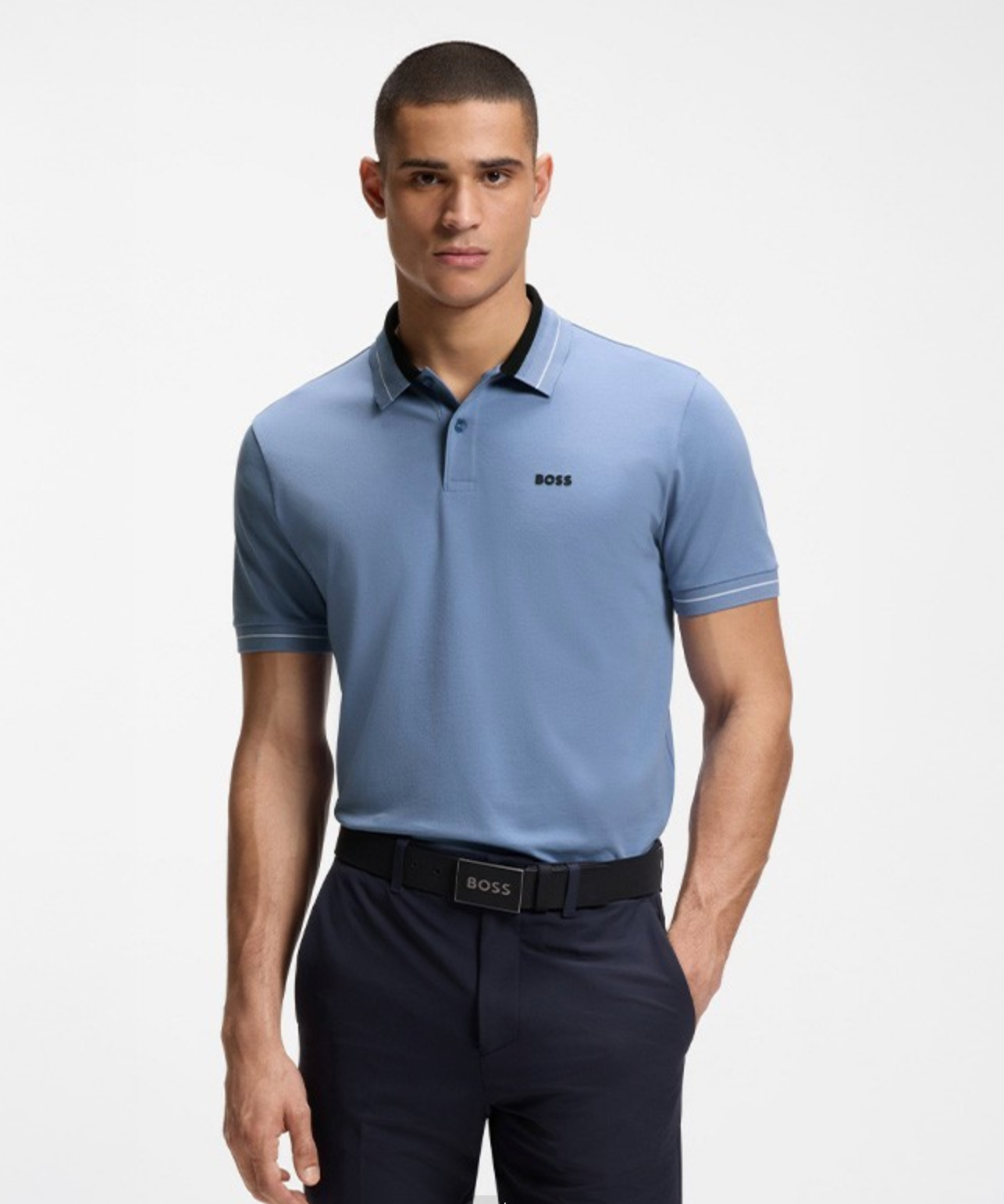 BOSS - Áo polo viền sọc bằng vải cotton co giãn