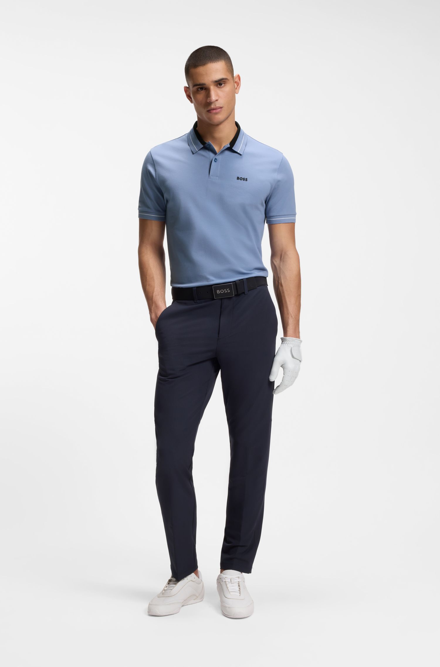 BOSS - Áo polo viền sọc bằng vải cotton co giãn