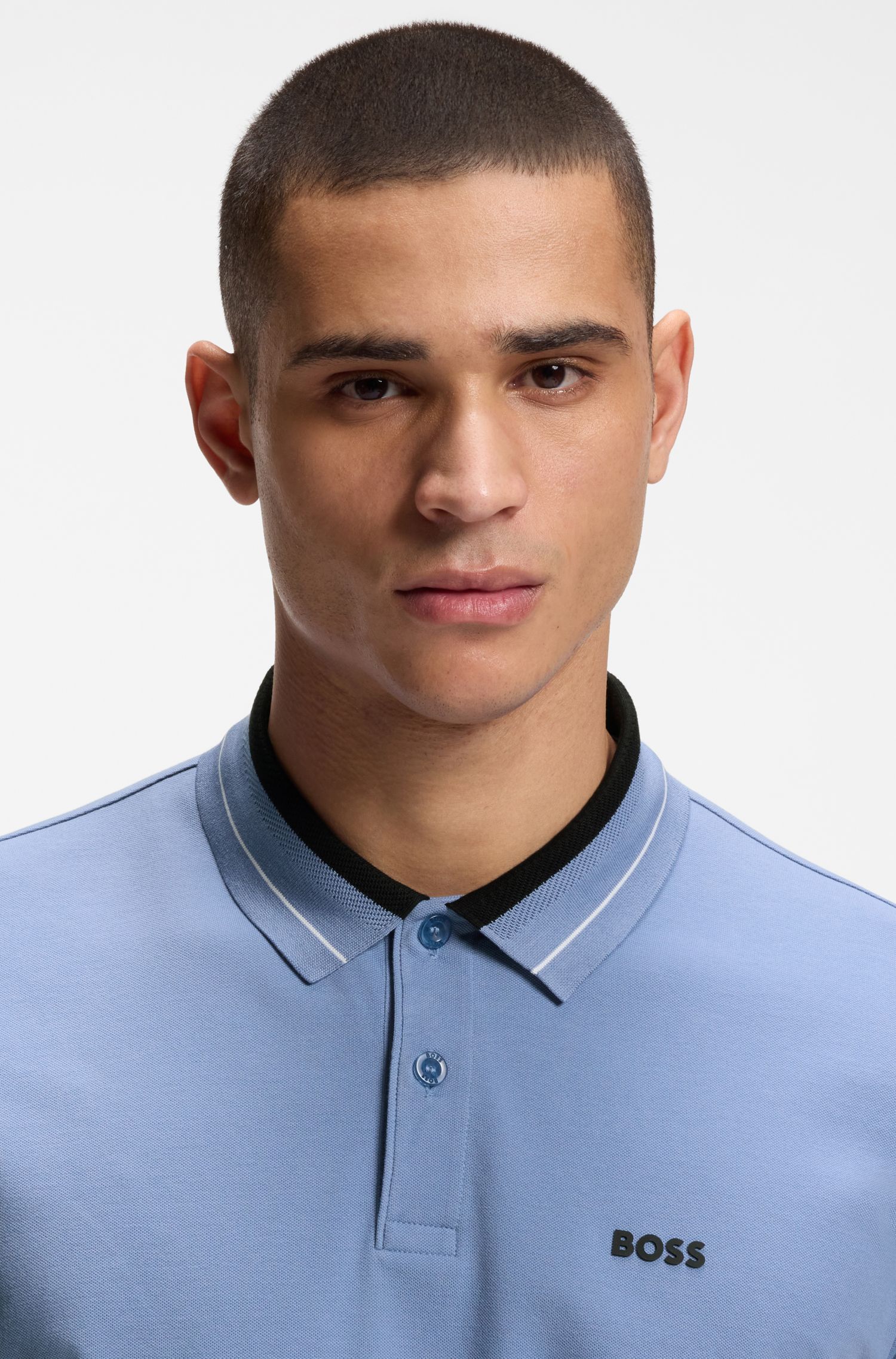 BOSS - Áo polo viền sọc bằng vải cotton co giãn