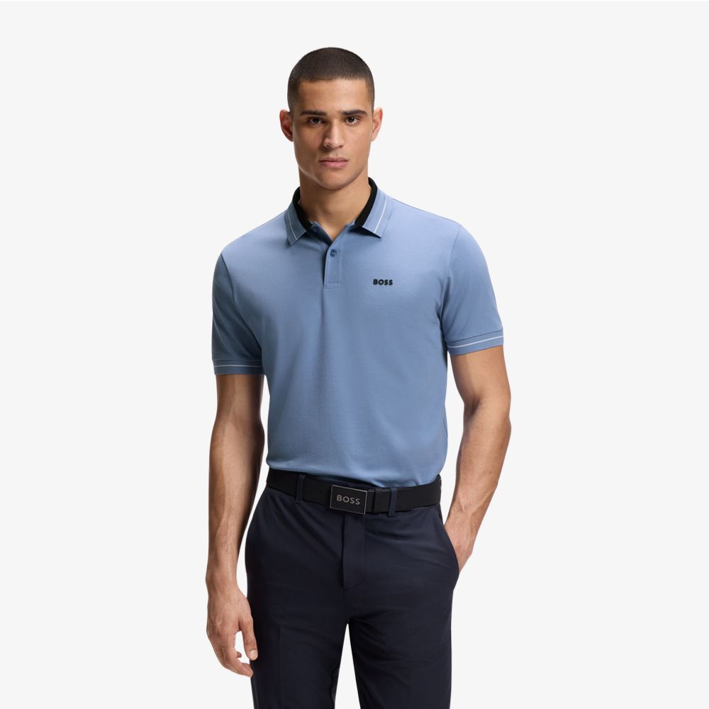 BOSS - Áo polo viền sọc bằng vải cotton co giãn