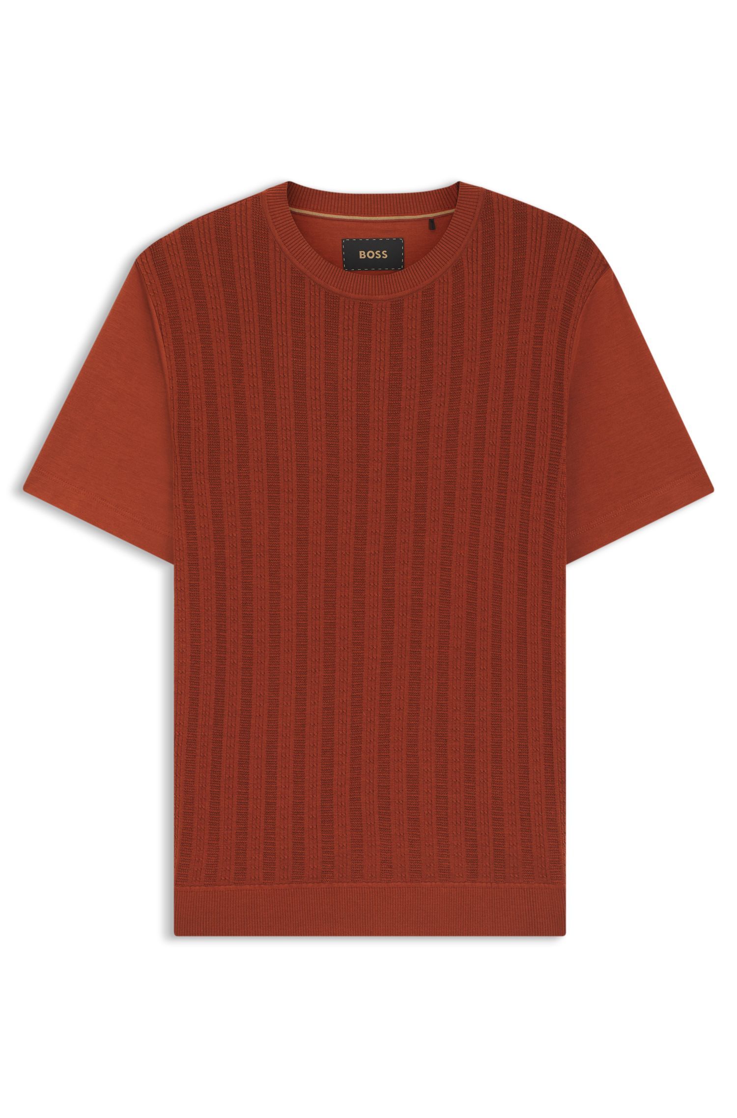 BOSS - Áo thun cotton-lụa với phần thân trước dệt kim kiểu cáp