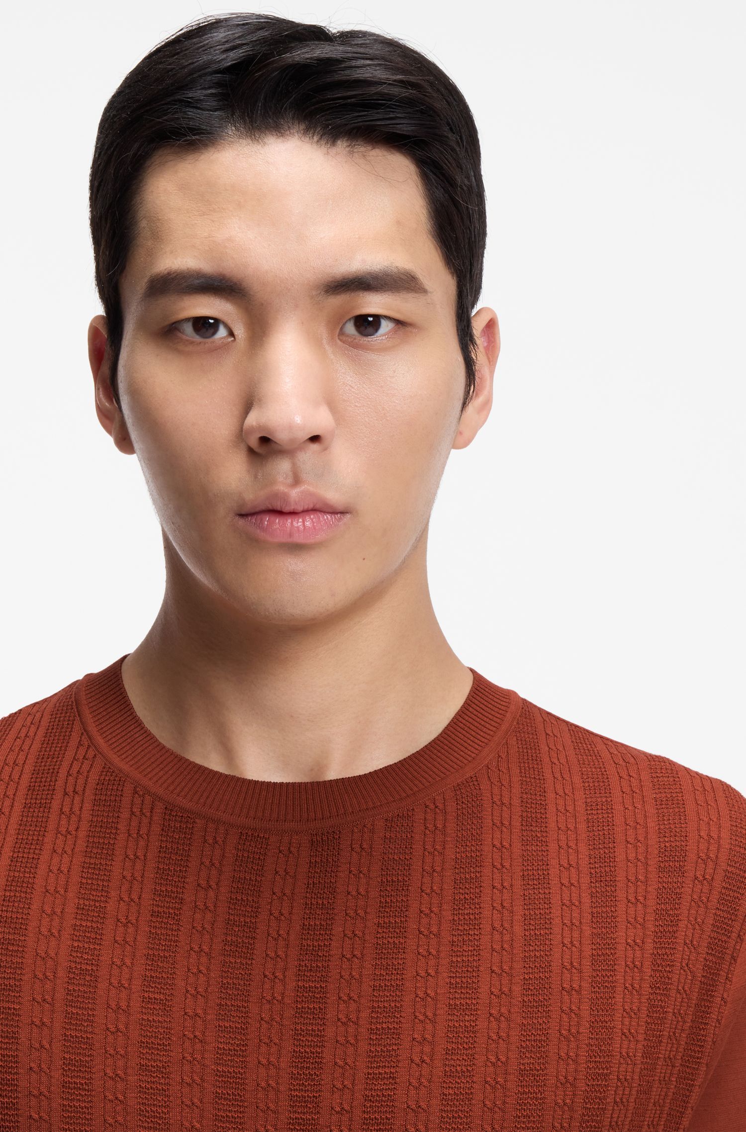BOSS - Áo thun cotton-lụa với phần thân trước dệt kim kiểu cáp