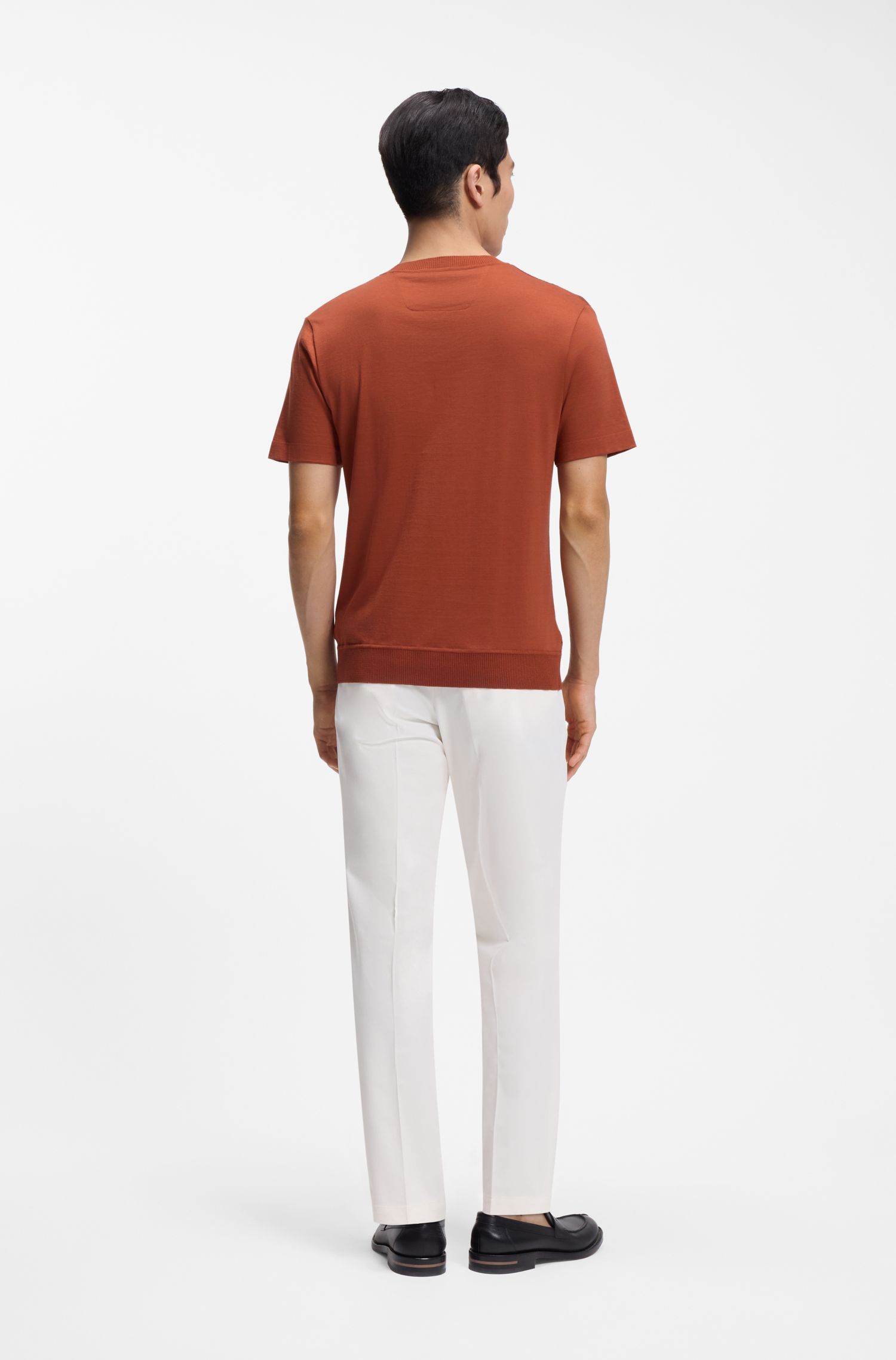BOSS - Áo thun cotton-lụa với phần thân trước dệt kim kiểu cáp