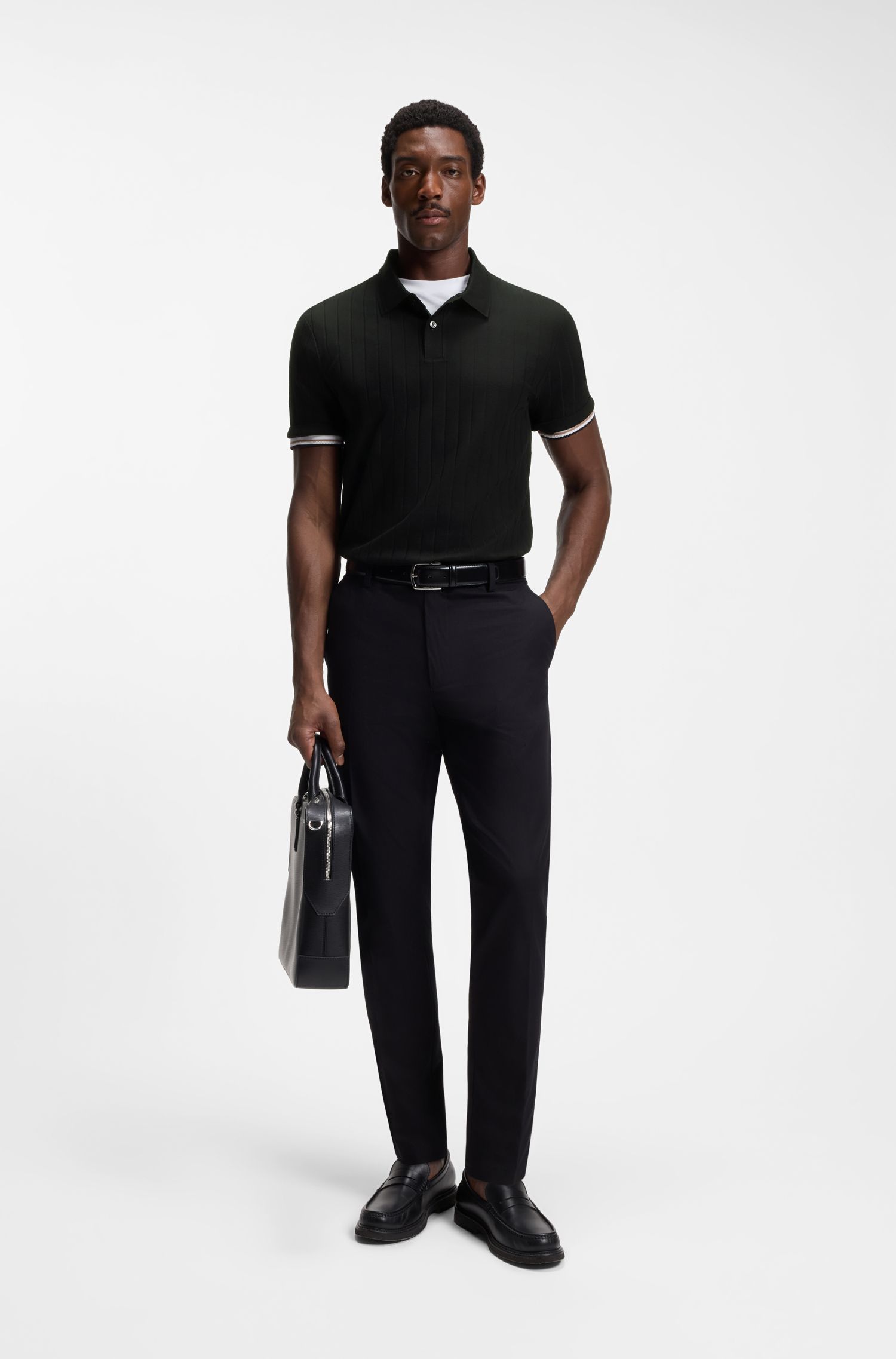 BOSS - Áo polo kẻ sọc dọc cotton mercer