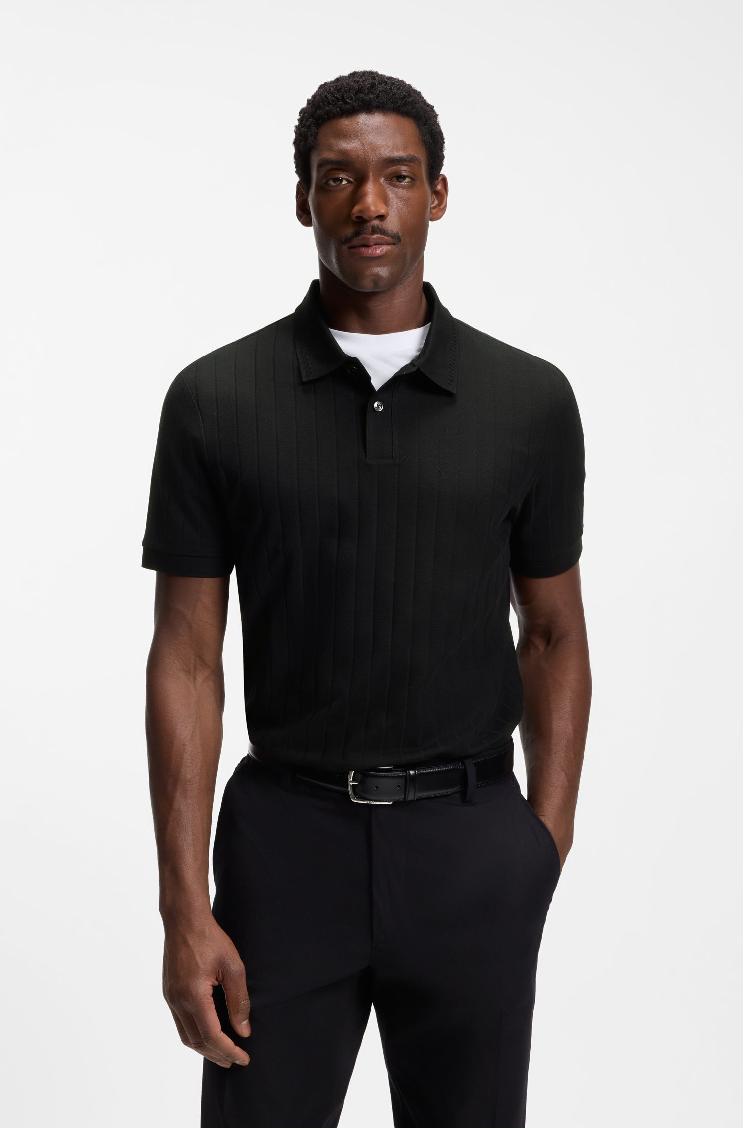 BOSS - Áo polo kẻ sọc dọc cotton mercer