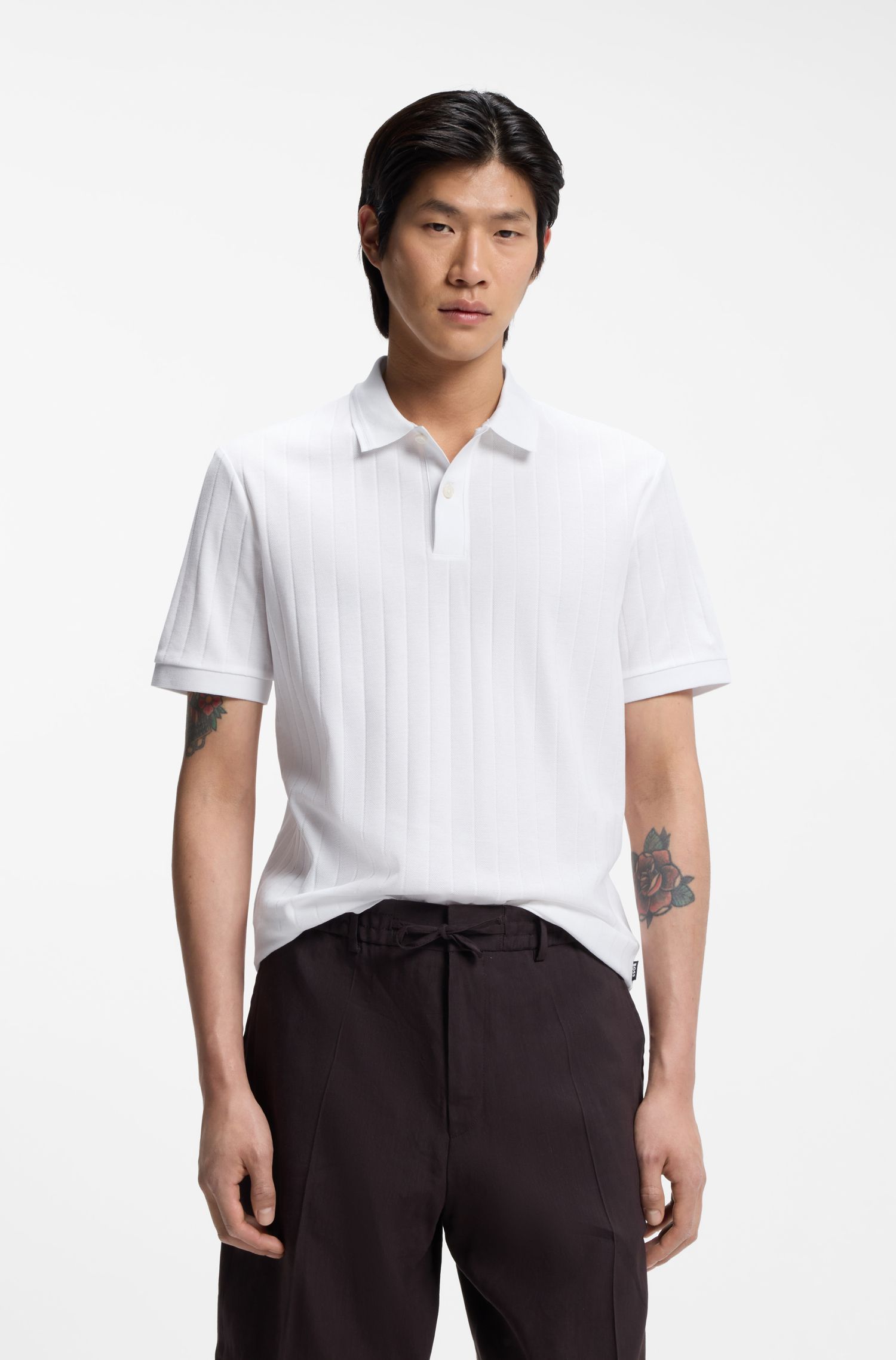 BOSS - Áo polo kẻ sọc dọc cotton mercer