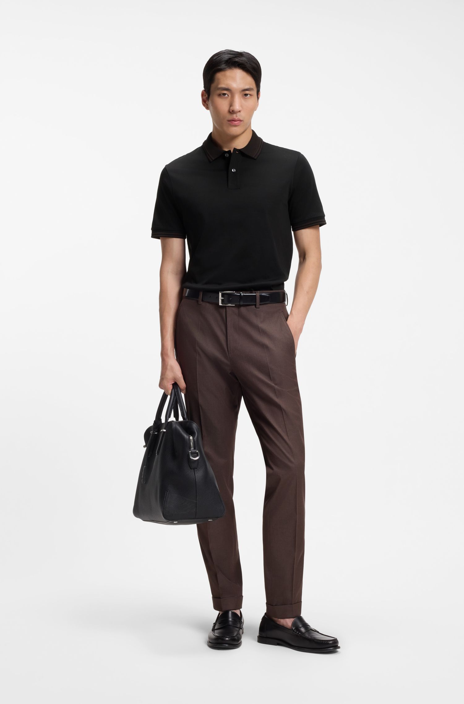 BOSS - Áo polo dáng ôm, viền sọc, cotton mercerized