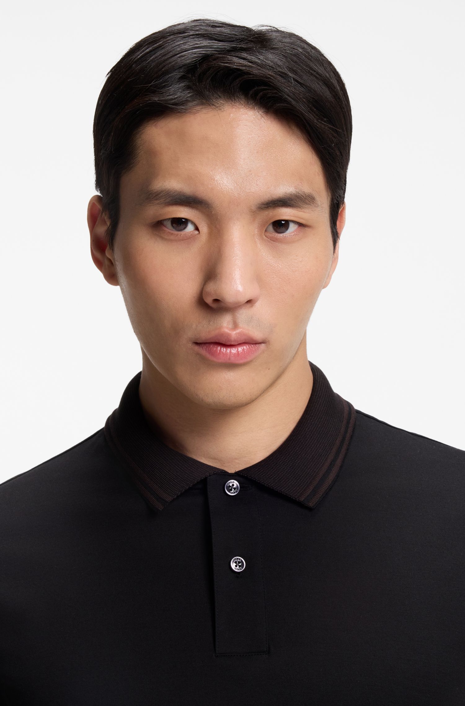 BOSS - Áo polo dáng ôm, viền sọc, cotton mercerized