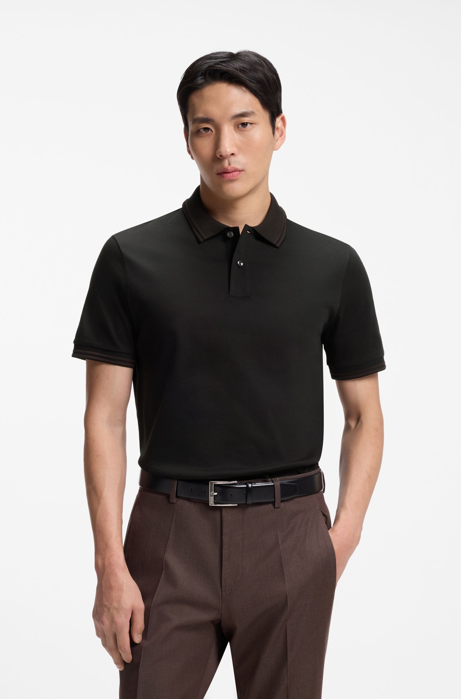 BOSS - Áo polo dáng ôm, viền sọc, cotton mercerized