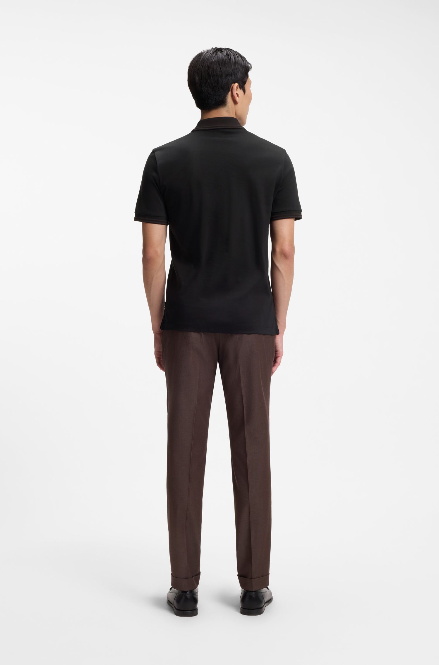 BOSS - Áo polo dáng ôm, viền sọc, cotton mercerized