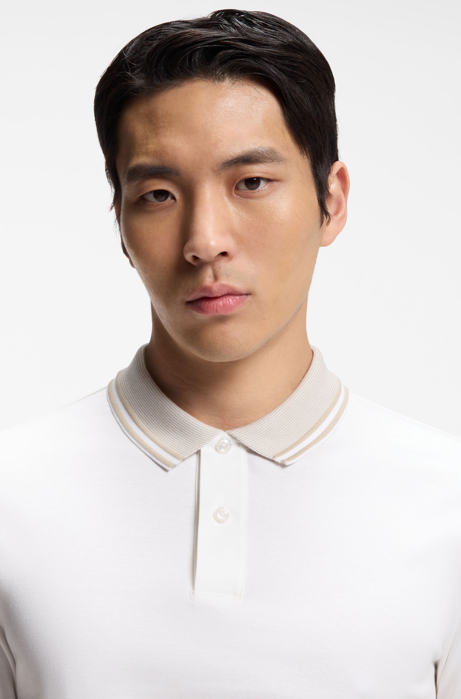 BOSS - Áo polo dáng ôm, viền sọc, cotton mercerized