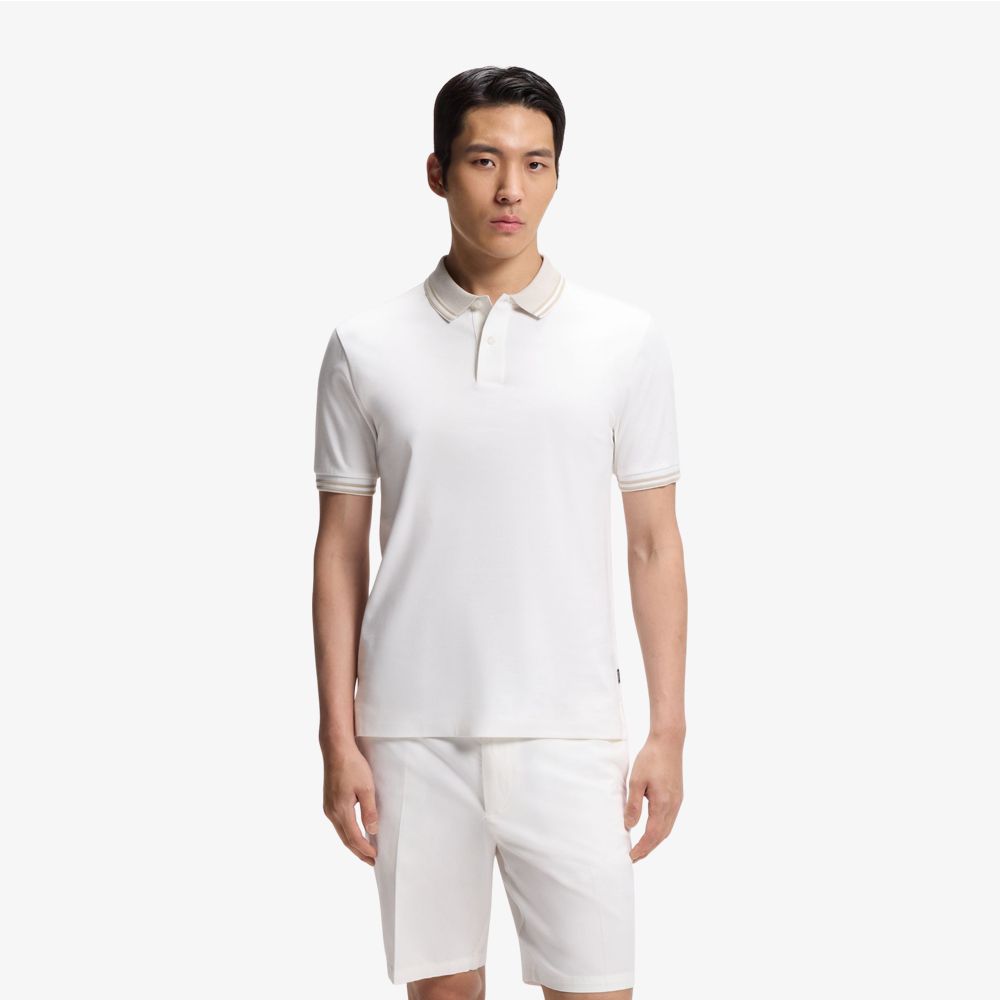 BOSS - Áo polo dáng ôm, viền sọc, cotton mercerized