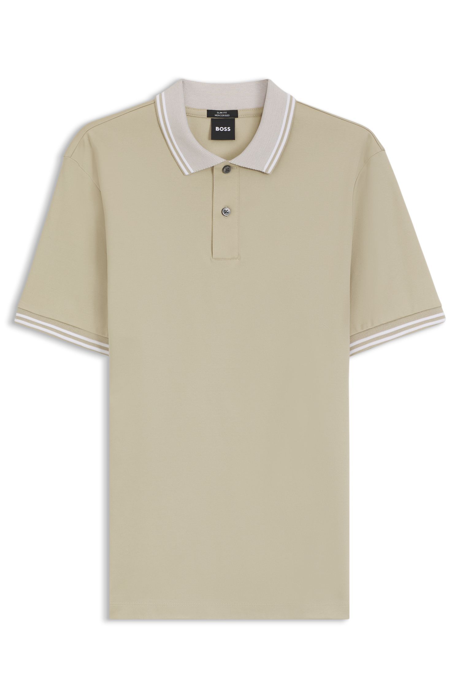 BOSS - Áo polo dáng ôm, viền sọc, cotton mercerized