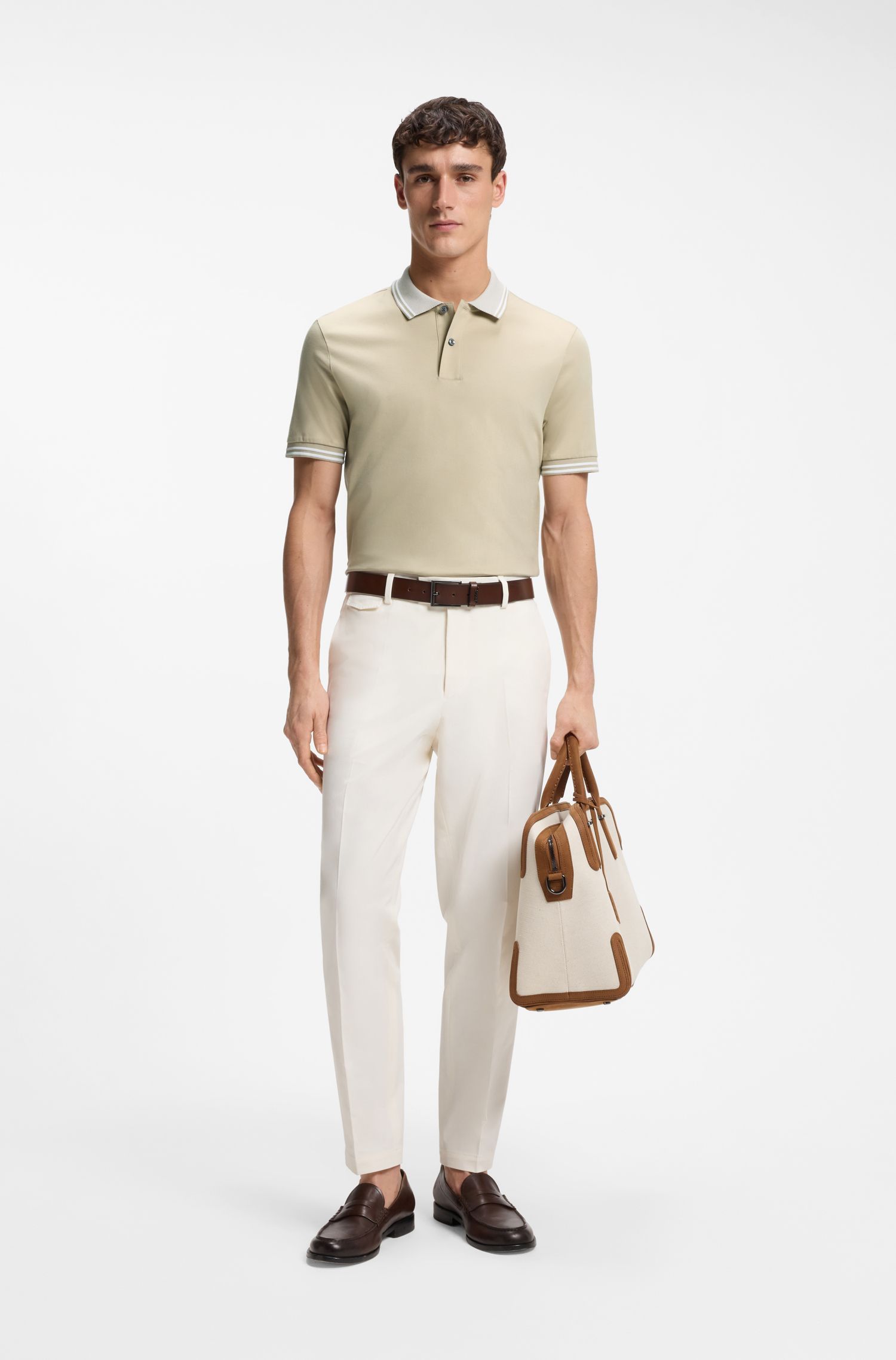 BOSS - Áo polo dáng ôm, viền sọc, cotton mercerized