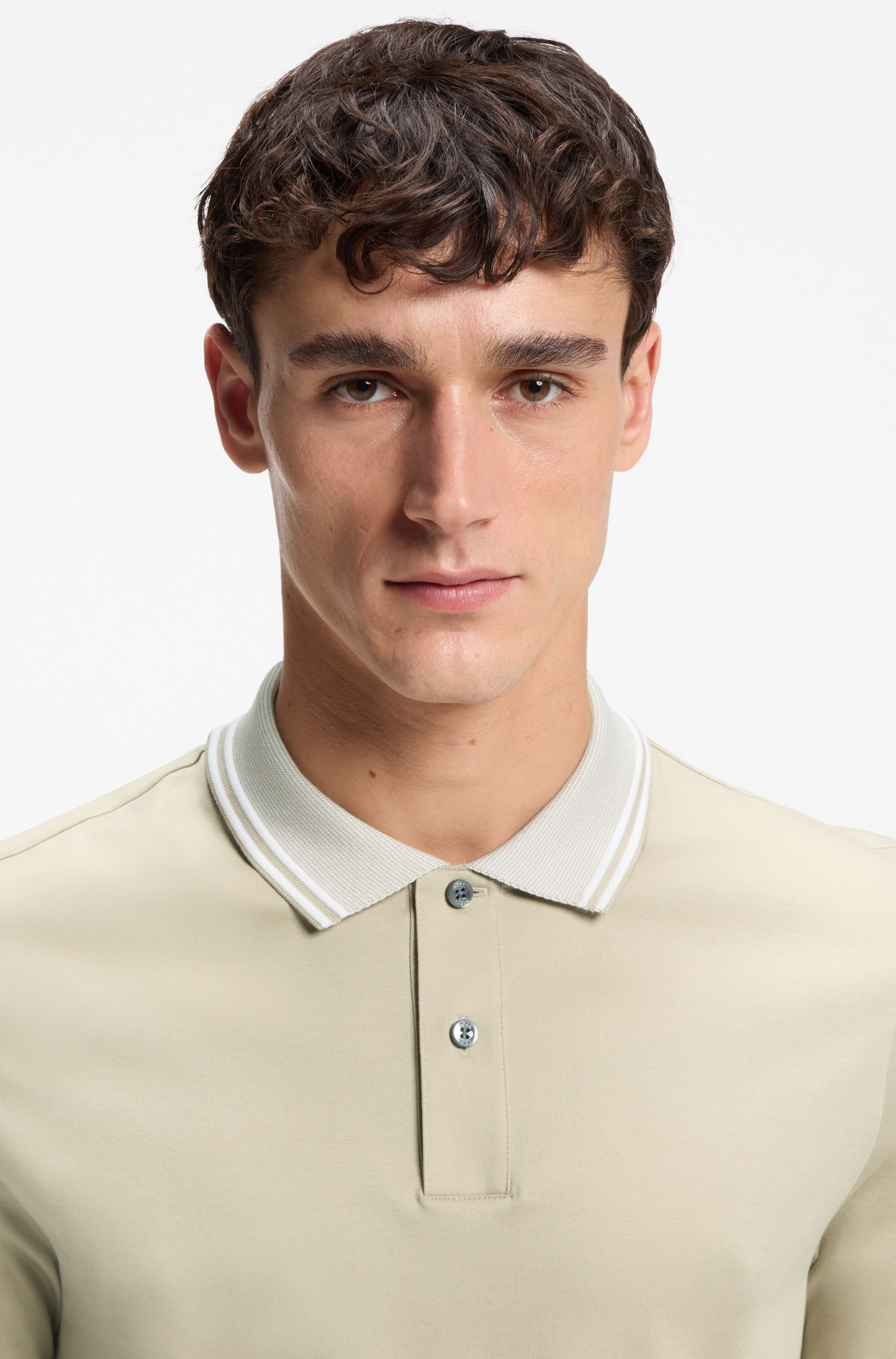 BOSS - Áo polo dáng ôm, viền sọc, cotton mercerized