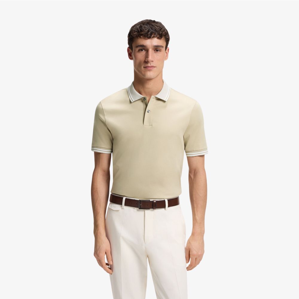 BOSS - Áo polo dáng ôm, viền sọc, cotton mercerized