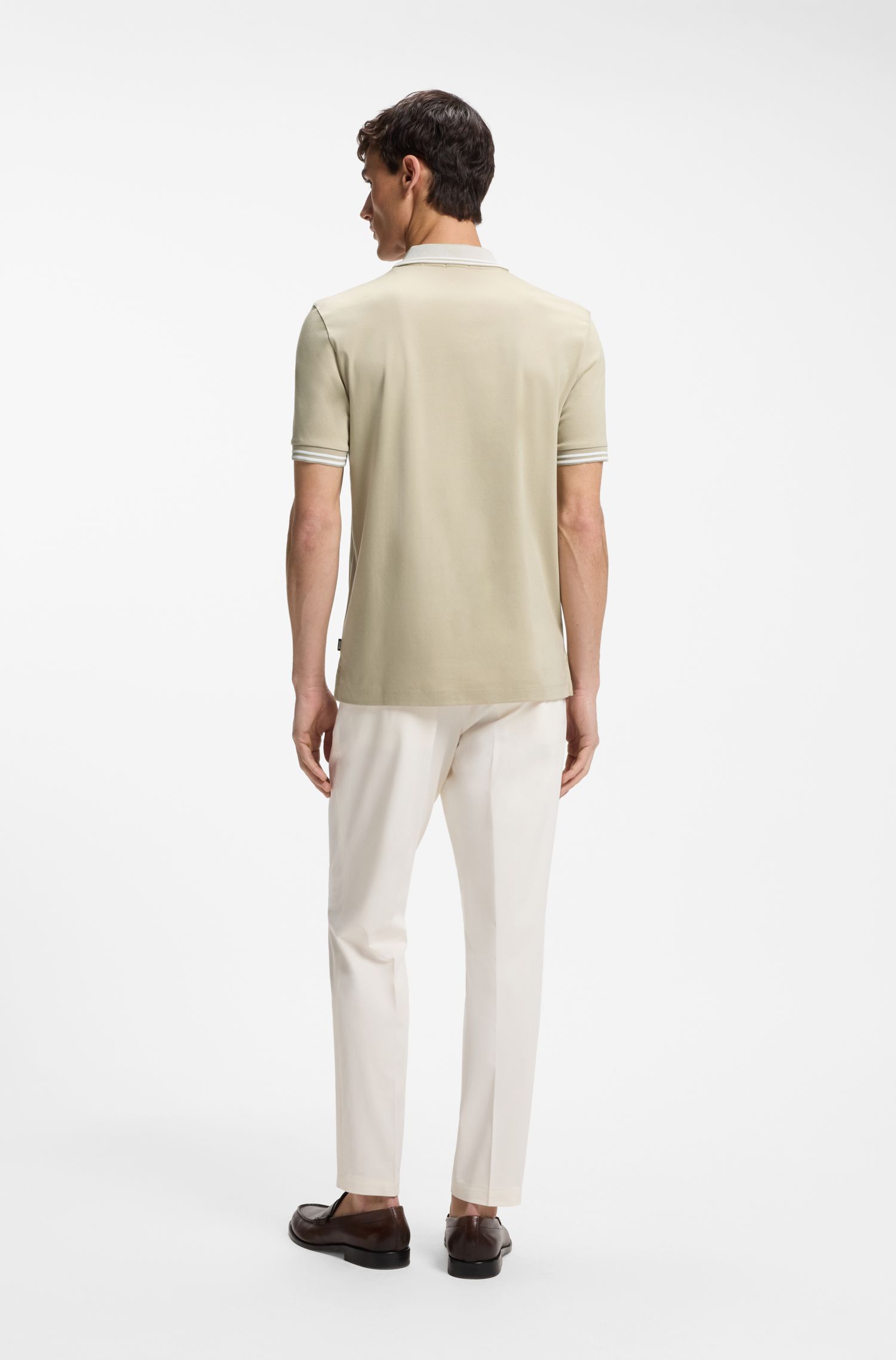 BOSS - Áo polo dáng ôm, viền sọc, cotton mercerized
