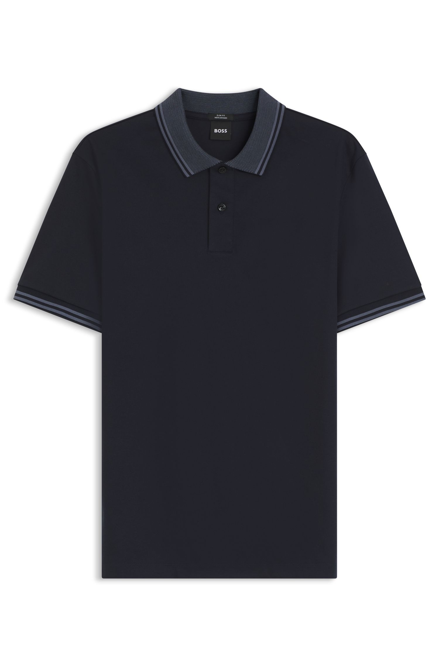 BOSS - Áo polo dáng ôm, viền sọc, cotton mercerized