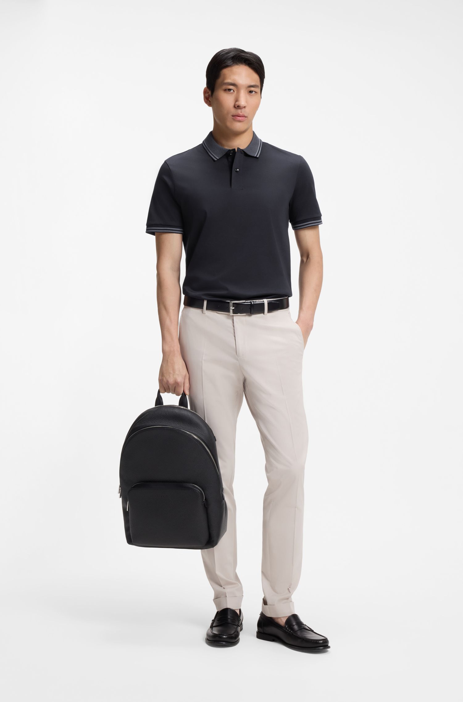 BOSS - Áo polo dáng ôm, viền sọc, cotton mercerized