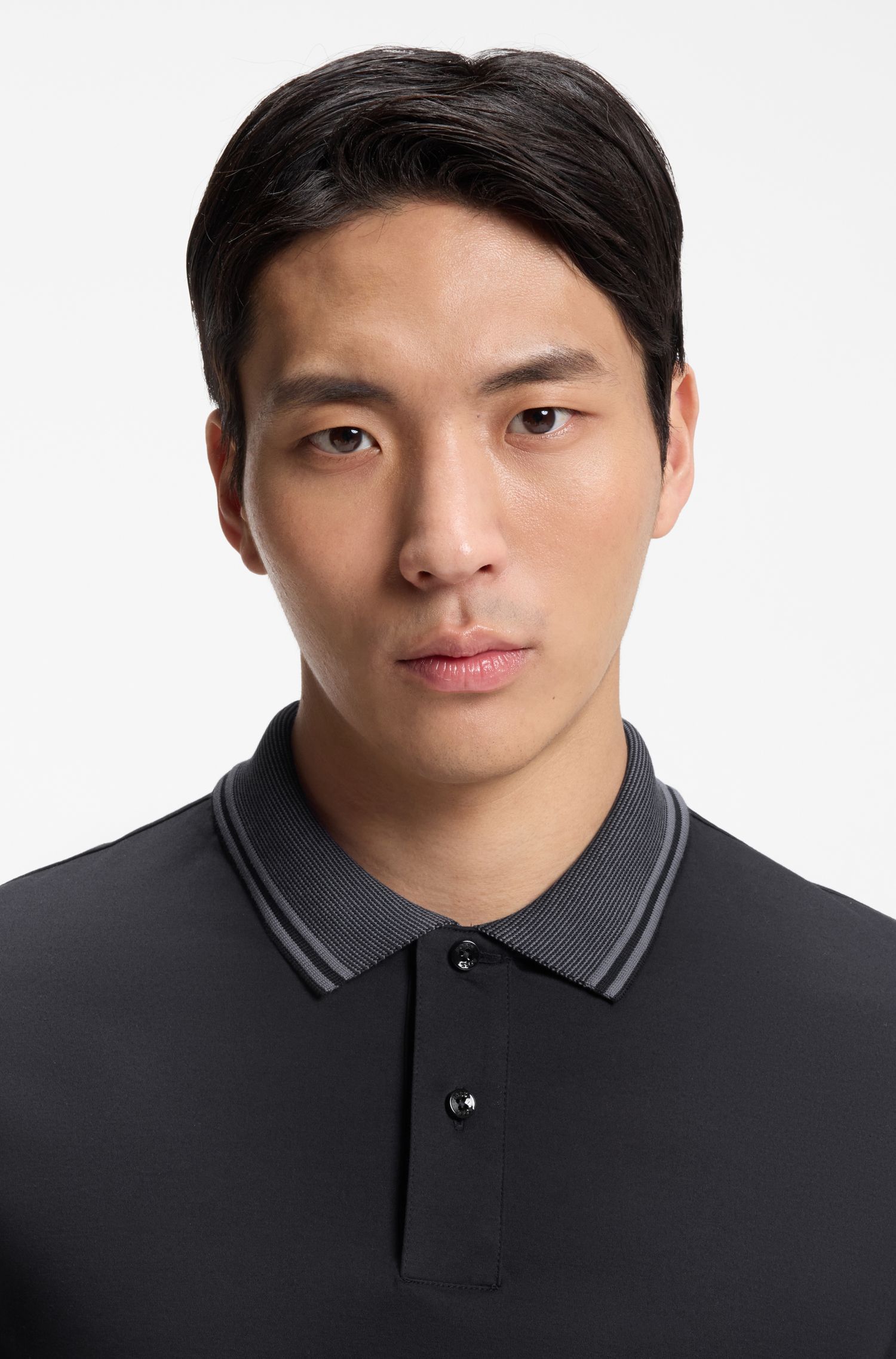 BOSS - Áo polo dáng ôm, viền sọc, cotton mercerized