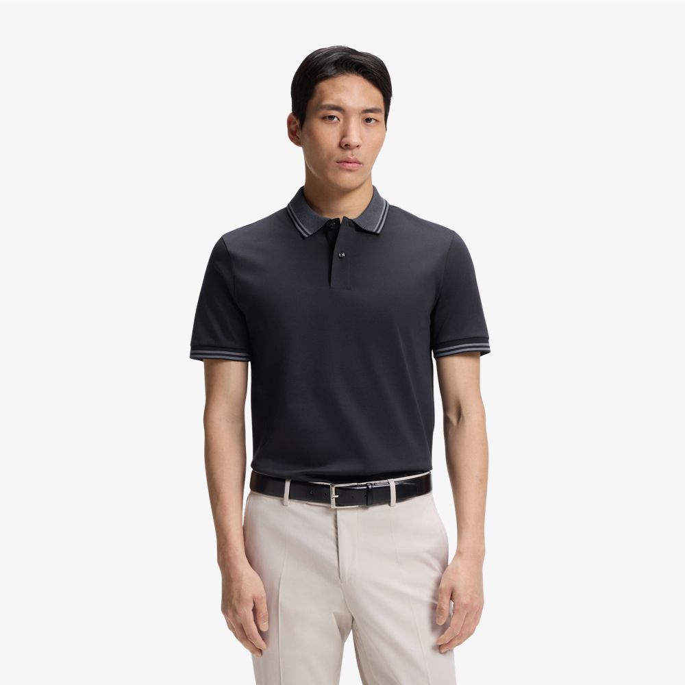 BOSS - Áo polo dáng ôm, viền sọc, cotton mercerized