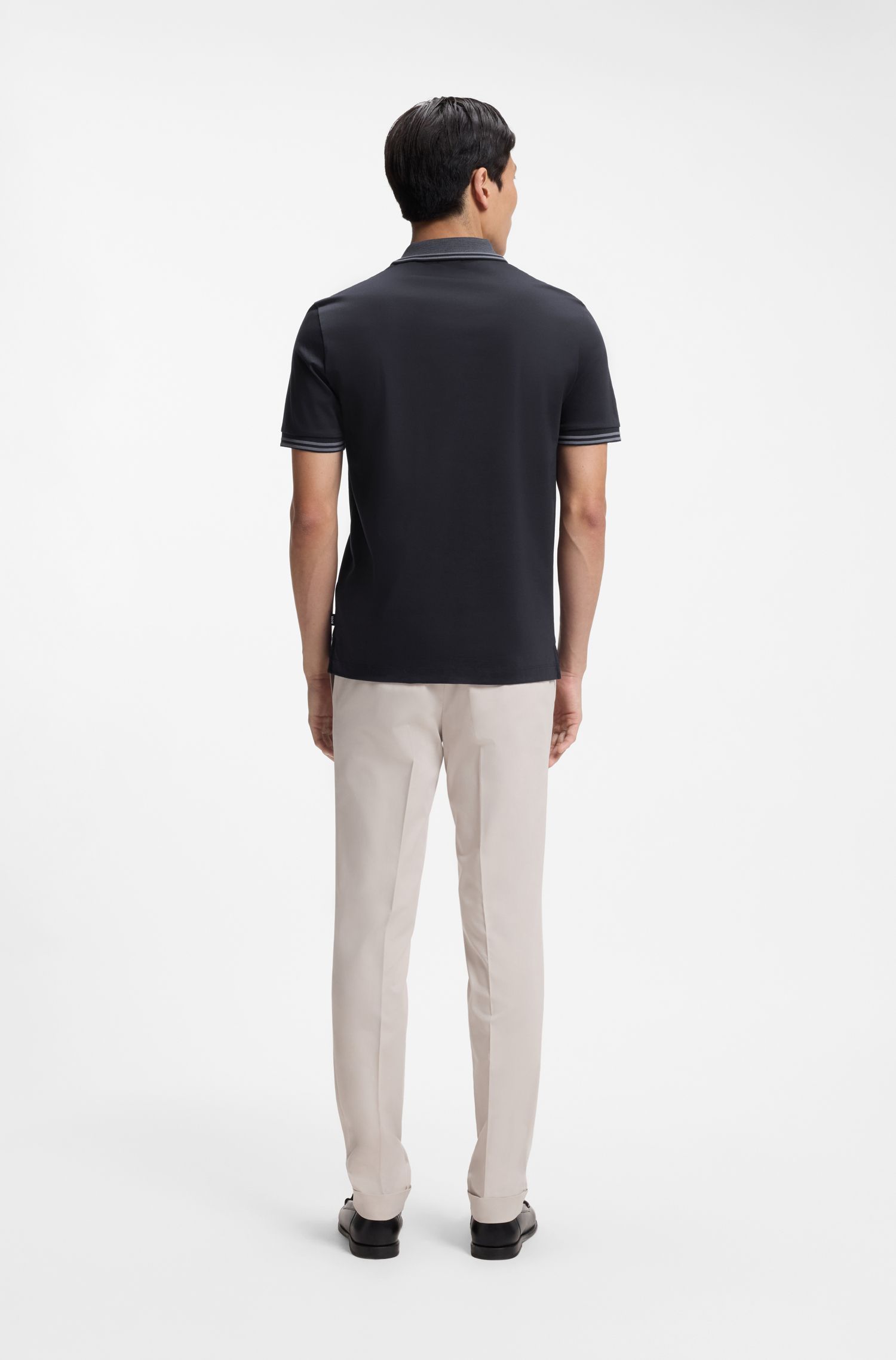 BOSS - Áo polo dáng ôm, viền sọc, cotton mercerized