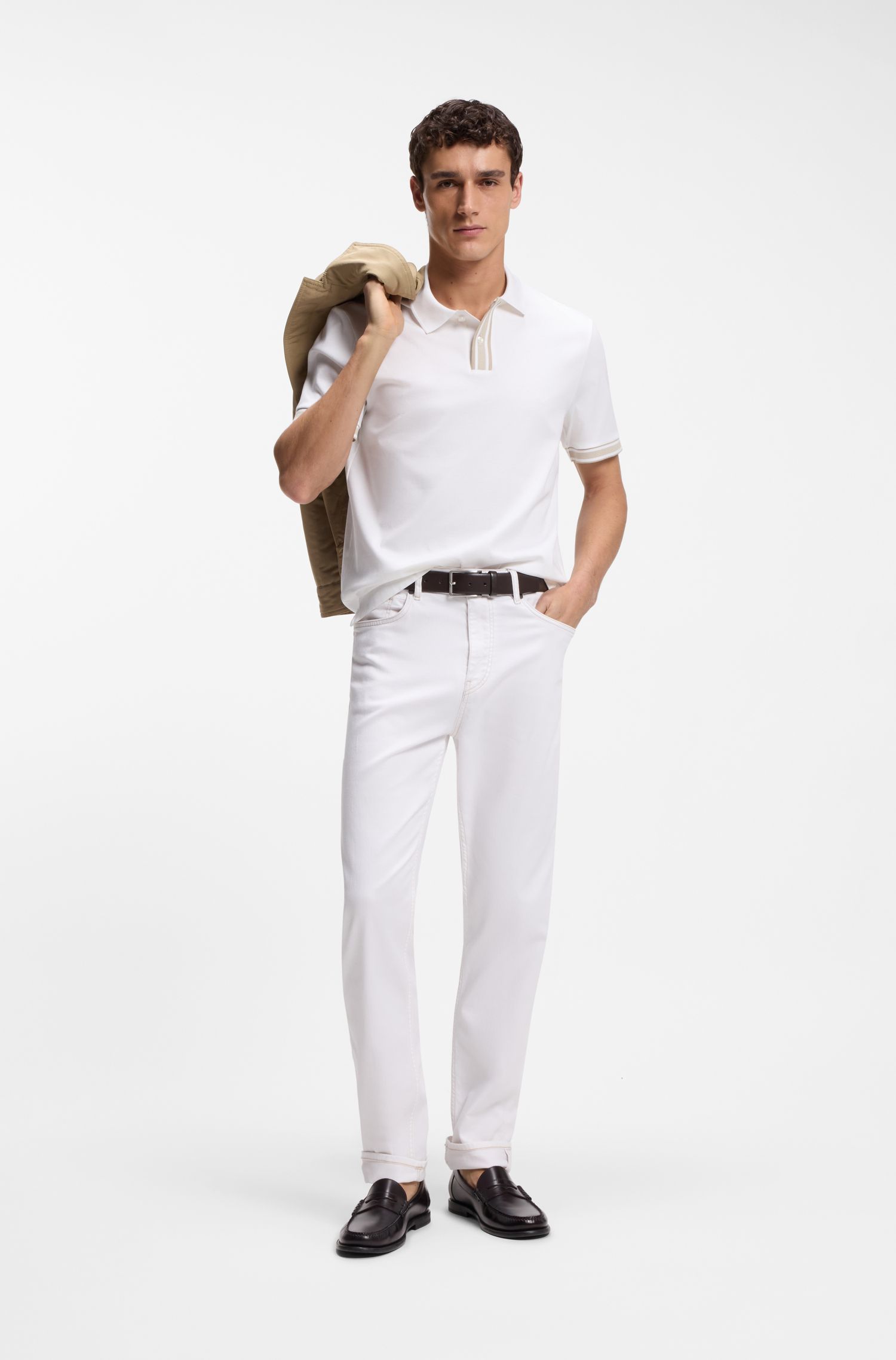 BOSS - Áo polo viền sọc cotton mercerized