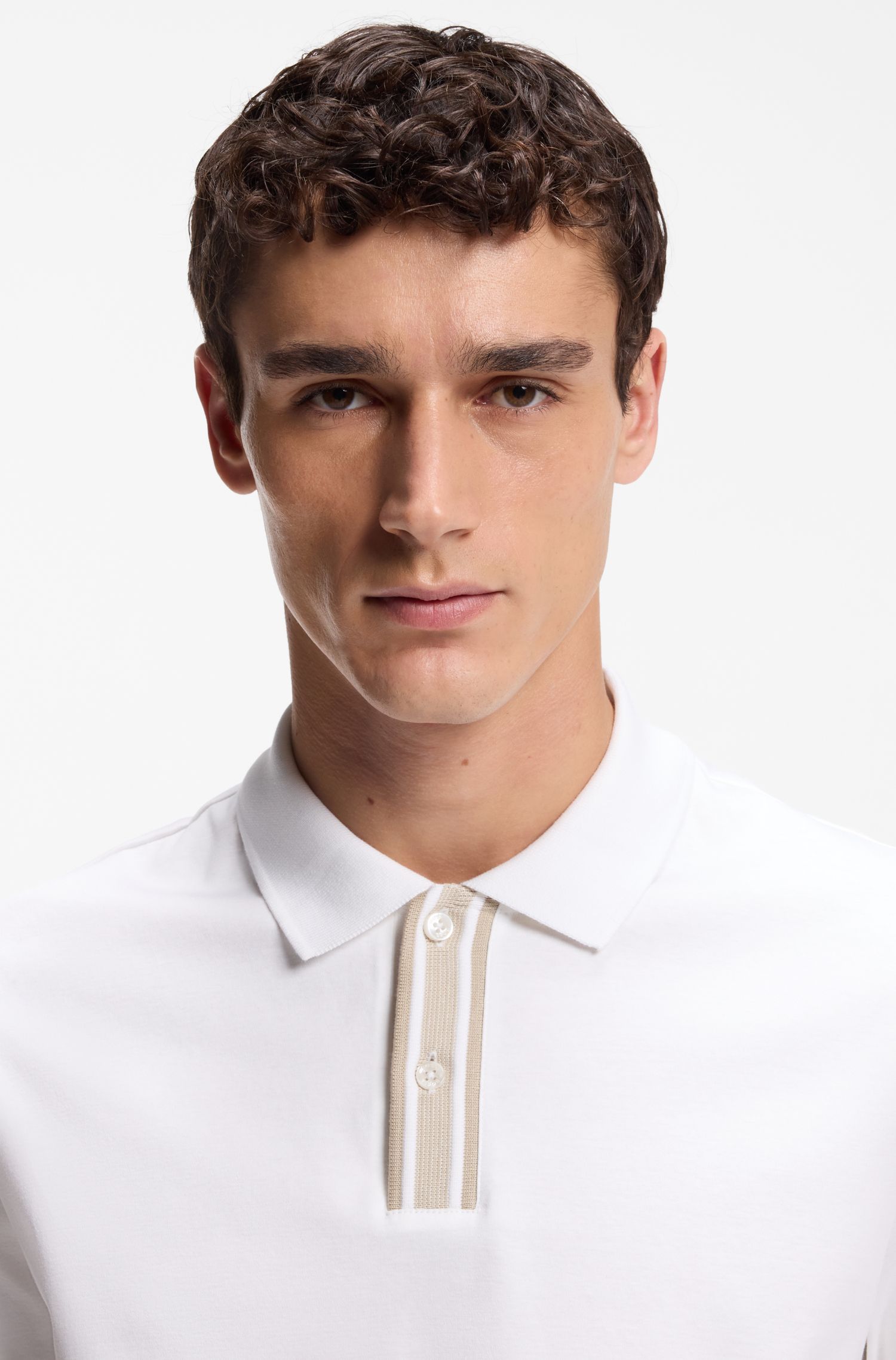 BOSS - Áo polo viền sọc cotton mercerized