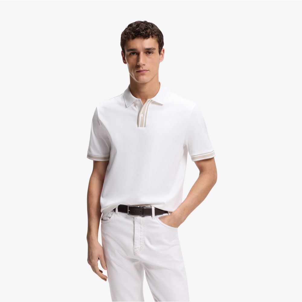 BOSS - Áo polo viền sọc cotton mercerized