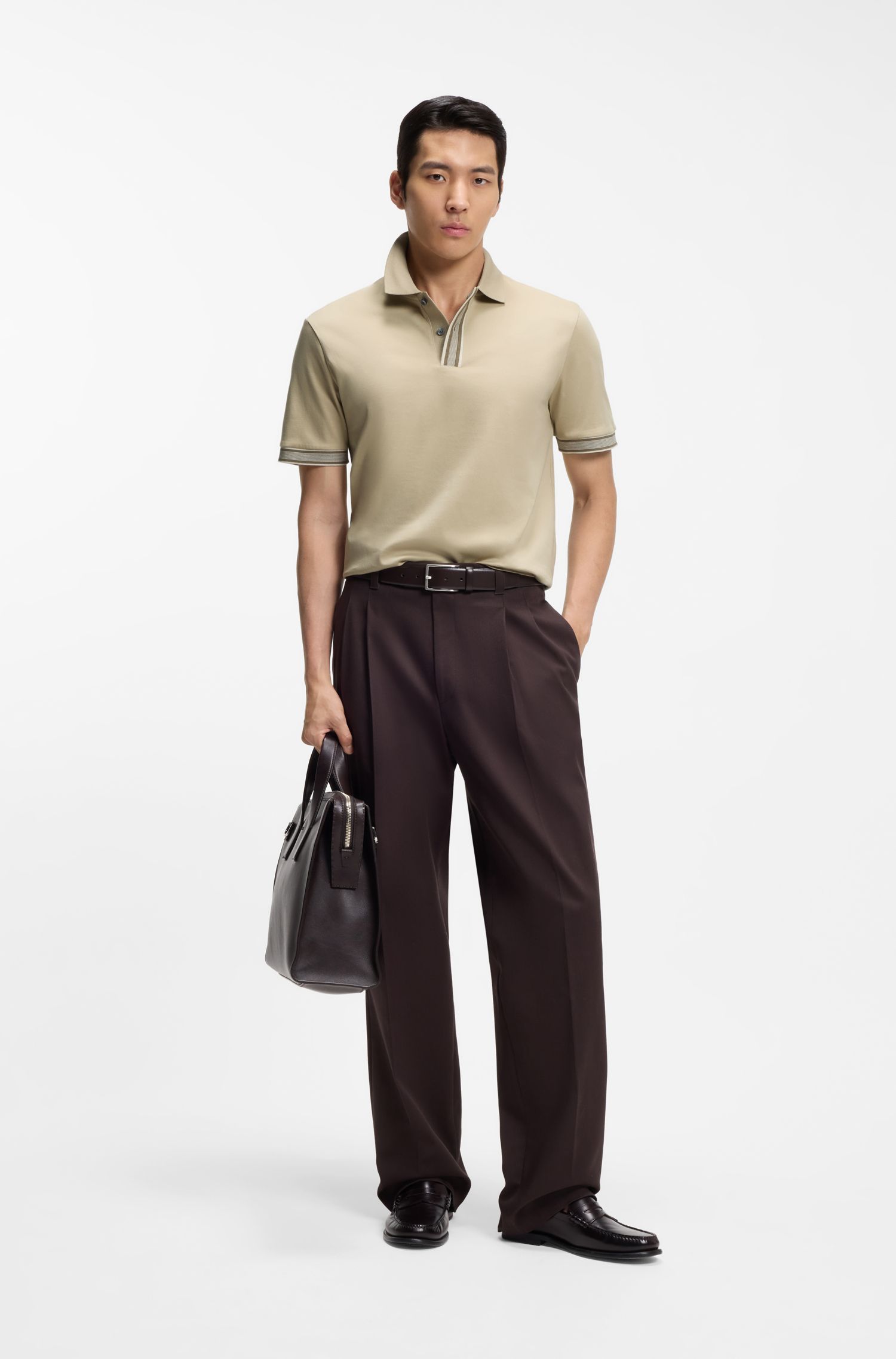BOSS - Áo polo viền sọc cotton mercerized
